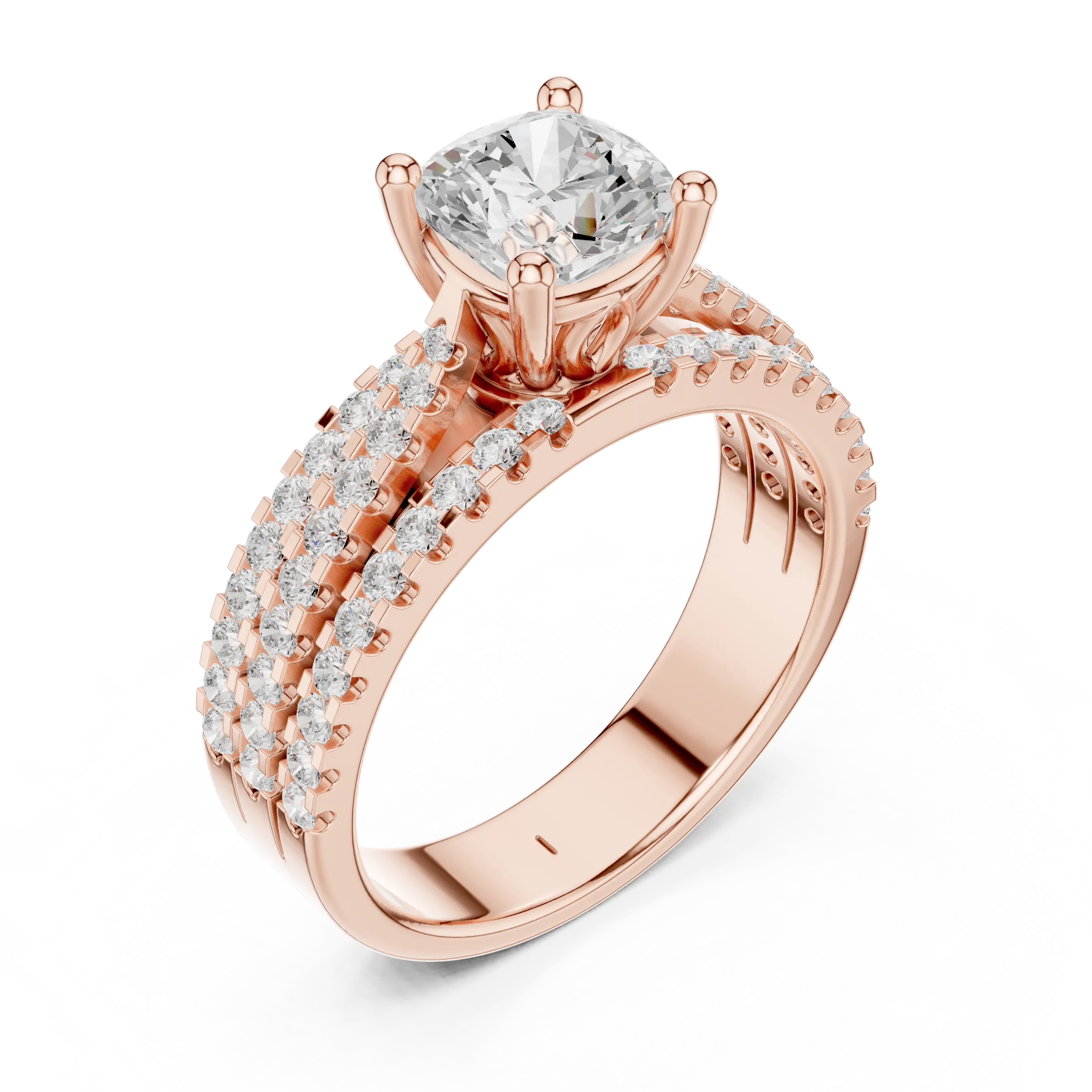 14K Yellow Gold Cushion-Cut Triple-Row Pavé Diamond Engagement Ring