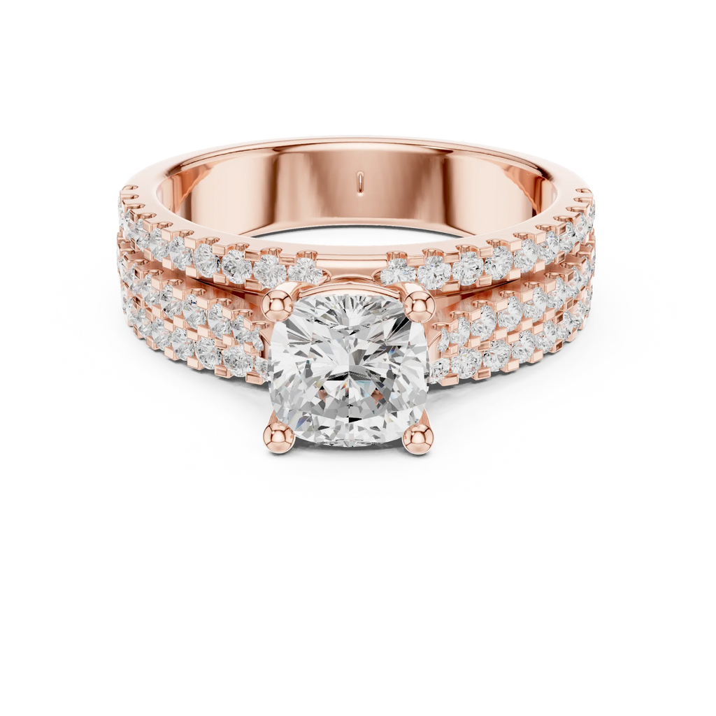 14K Yellow Gold Cushion-Cut Triple-Row Pavé Diamond Engagement Ring