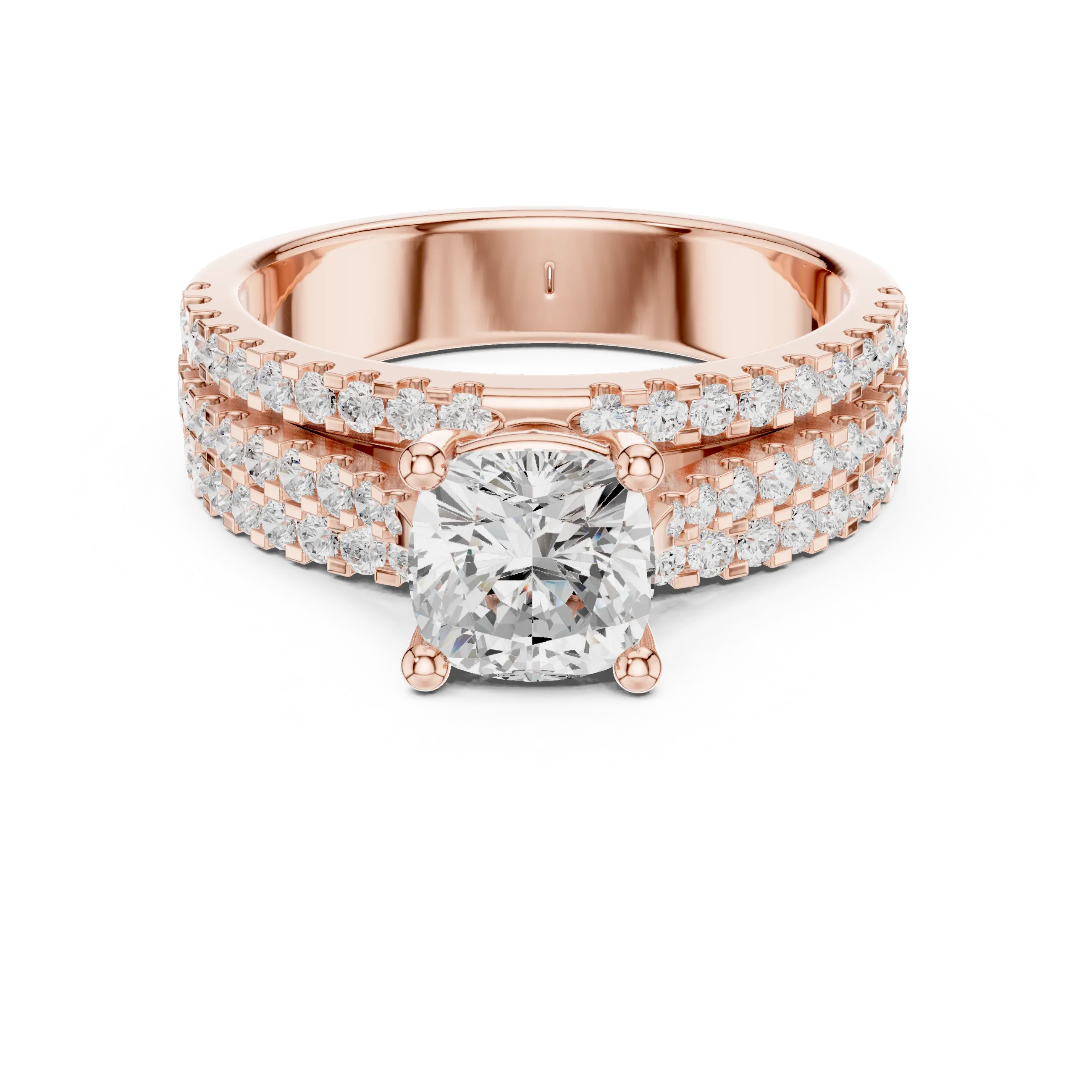 14K Yellow Gold Cushion-Cut Triple-Row Pavé Diamond Engagement Ring