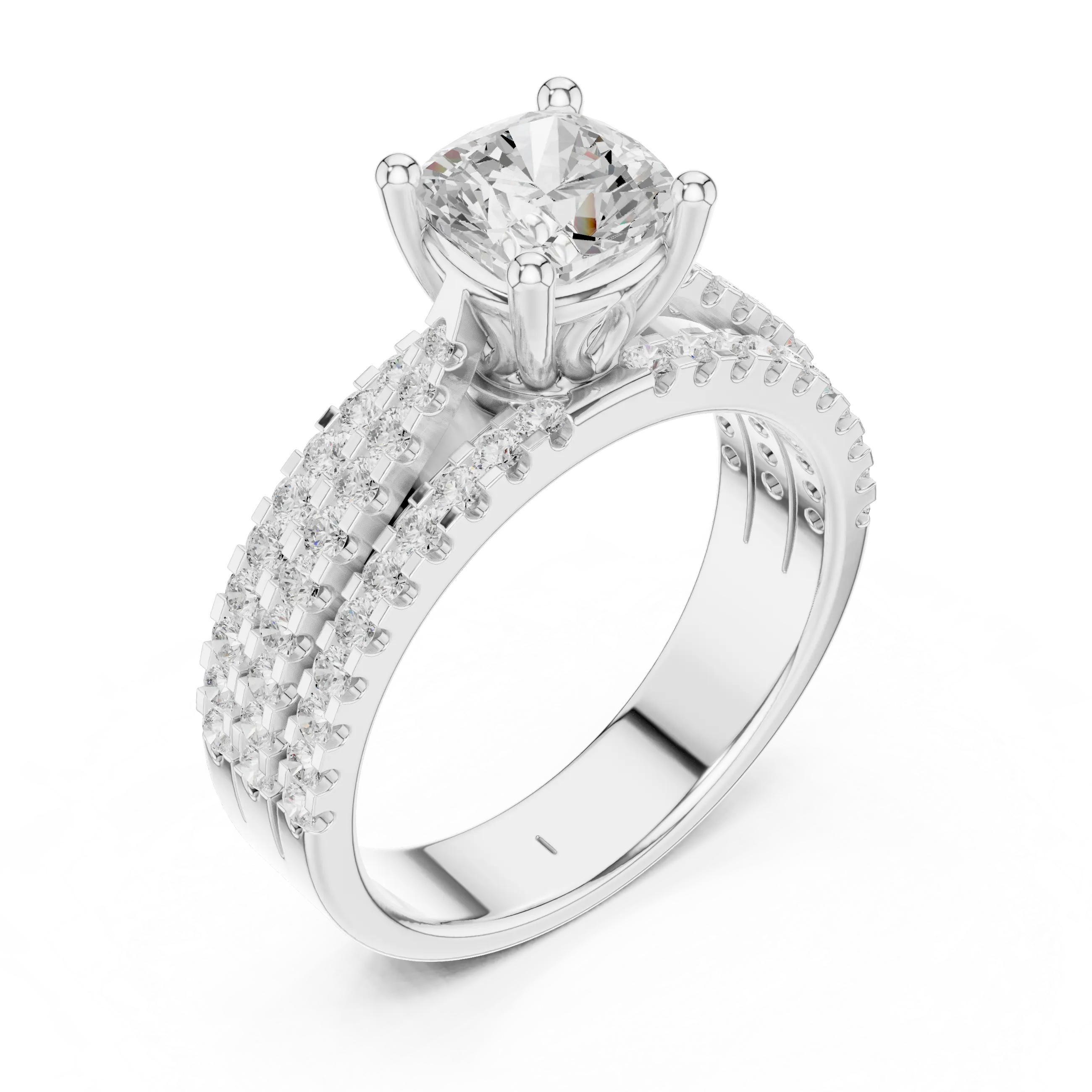 14K Yellow Gold Cushion-Cut Triple-Row Pavé Diamond Engagement Ring