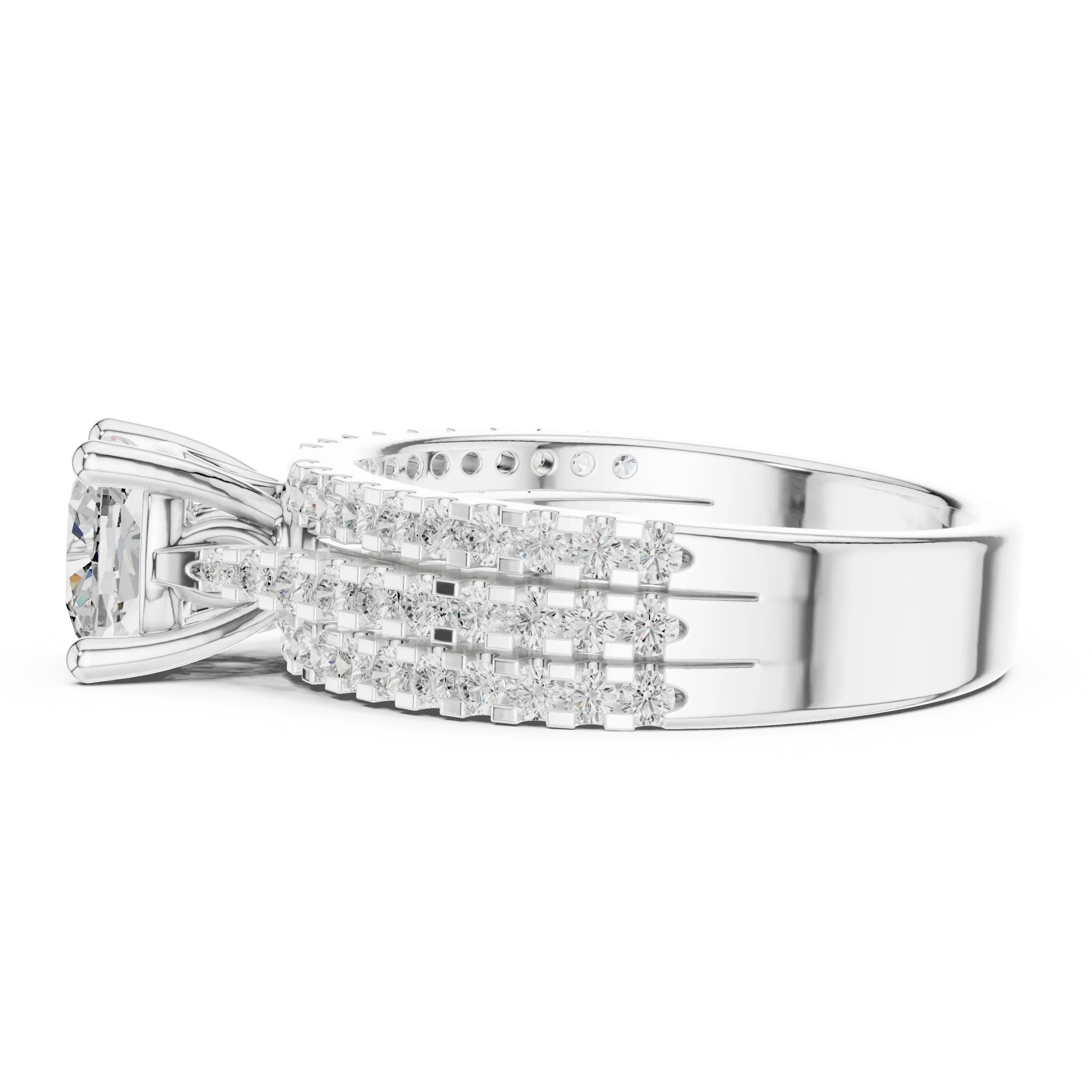 14K Yellow Gold Cushion-Cut Triple-Row Pavé Diamond Engagement Ring