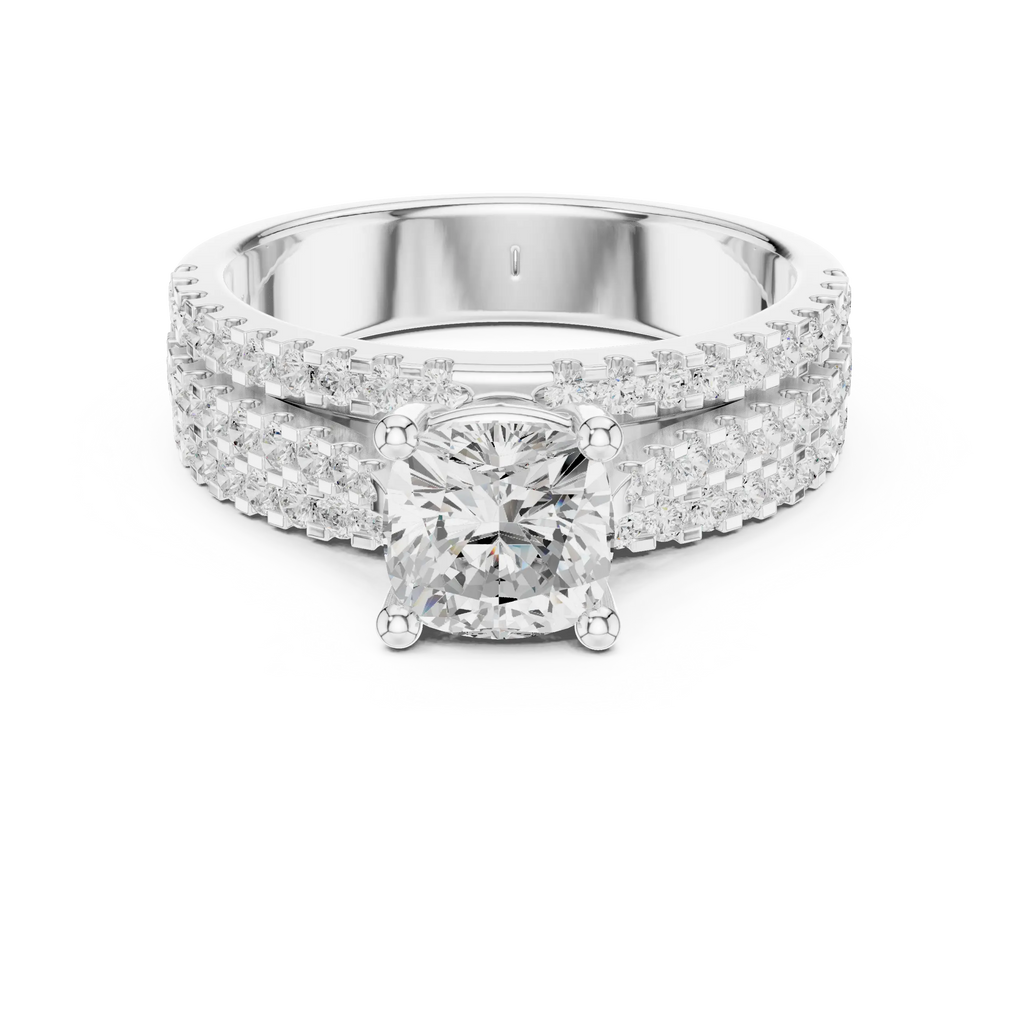 14K Yellow Gold Cushion-Cut Triple-Row Pavé Diamond Engagement Ring