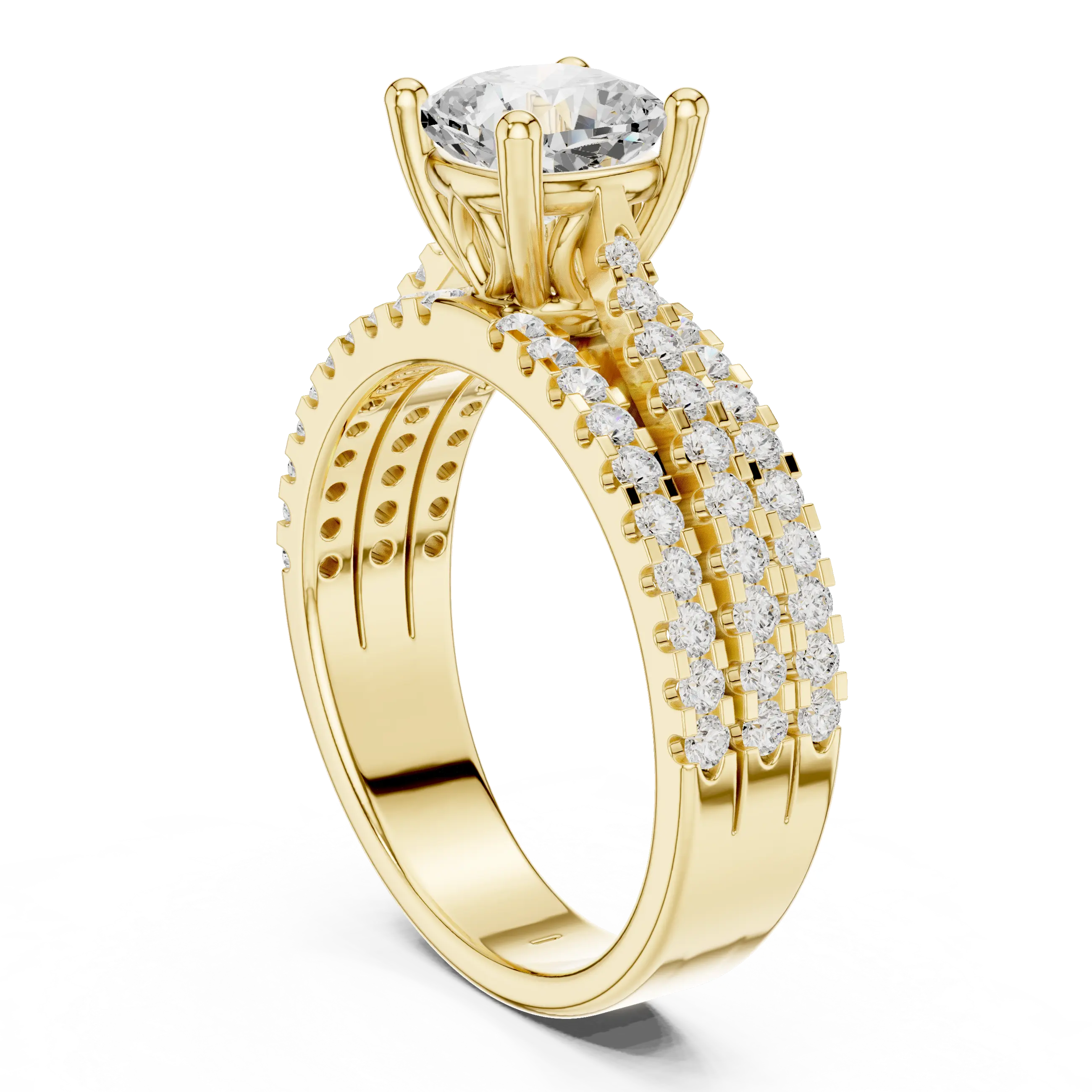 14K Yellow Gold Cushion-Cut Triple-Row Pavé Diamond Engagement Ring