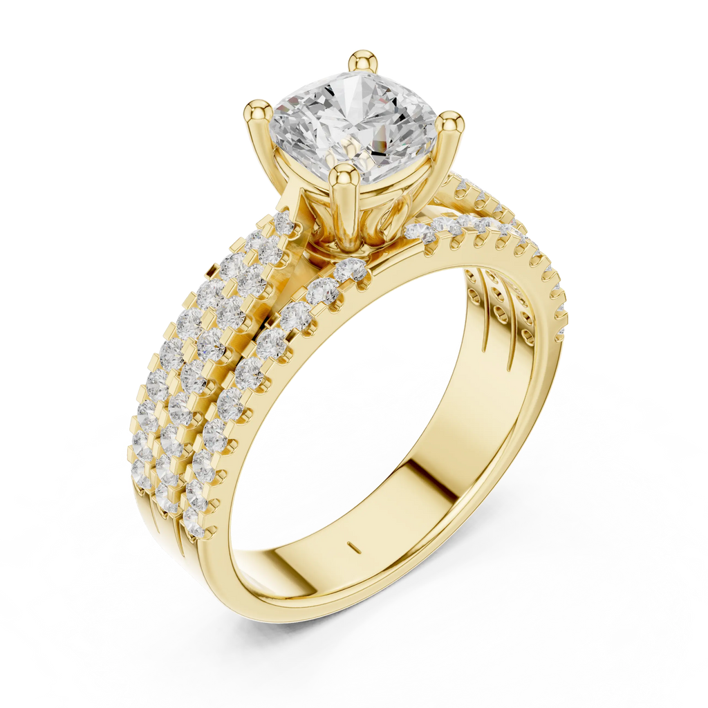 14K Yellow Gold Cushion-Cut Triple-Row Pavé Diamond Engagement Ring