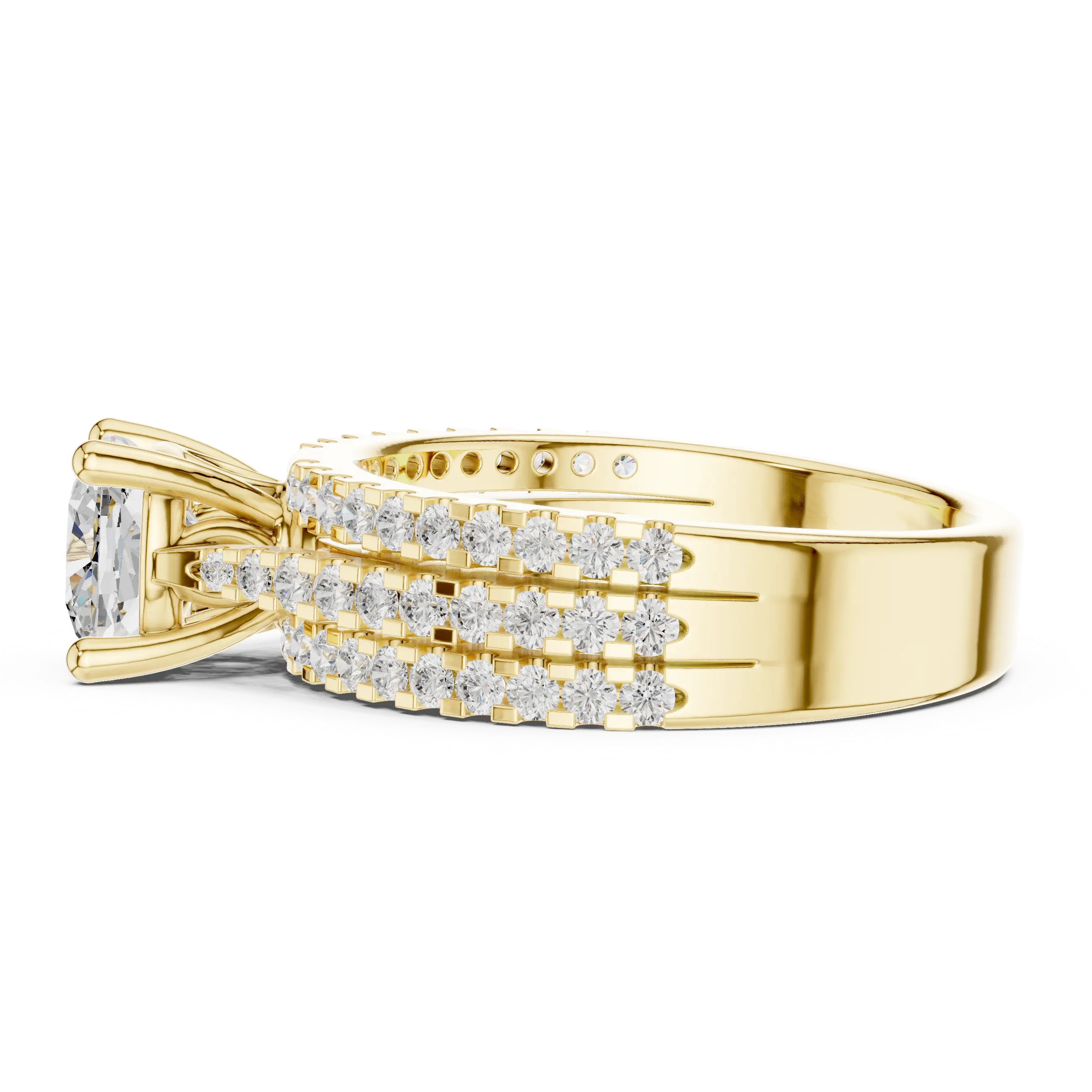 14K Yellow Gold Cushion-Cut Triple-Row Pavé Diamond Engagement Ring