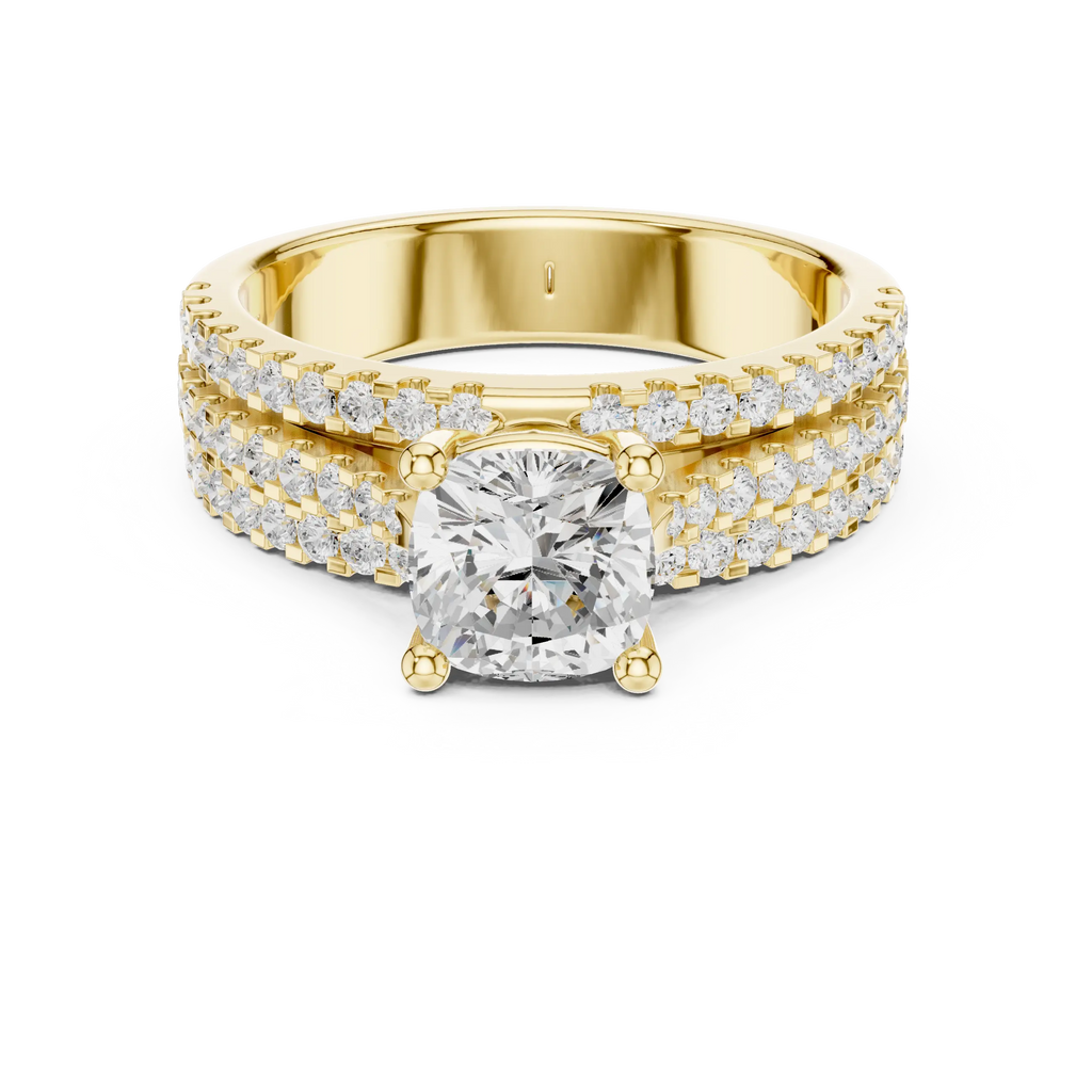 14K Yellow Gold Cushion-Cut Triple-Row Pavé Diamond Engagement Ring