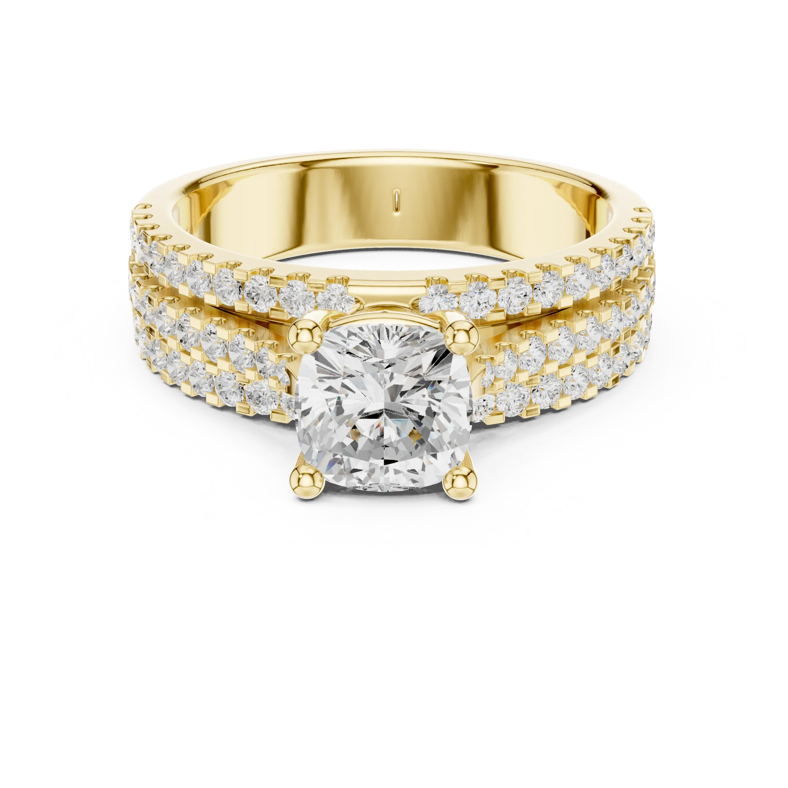 14K Yellow Gold Cushion-Cut Triple-Row Pavé Diamond Engagement Ring