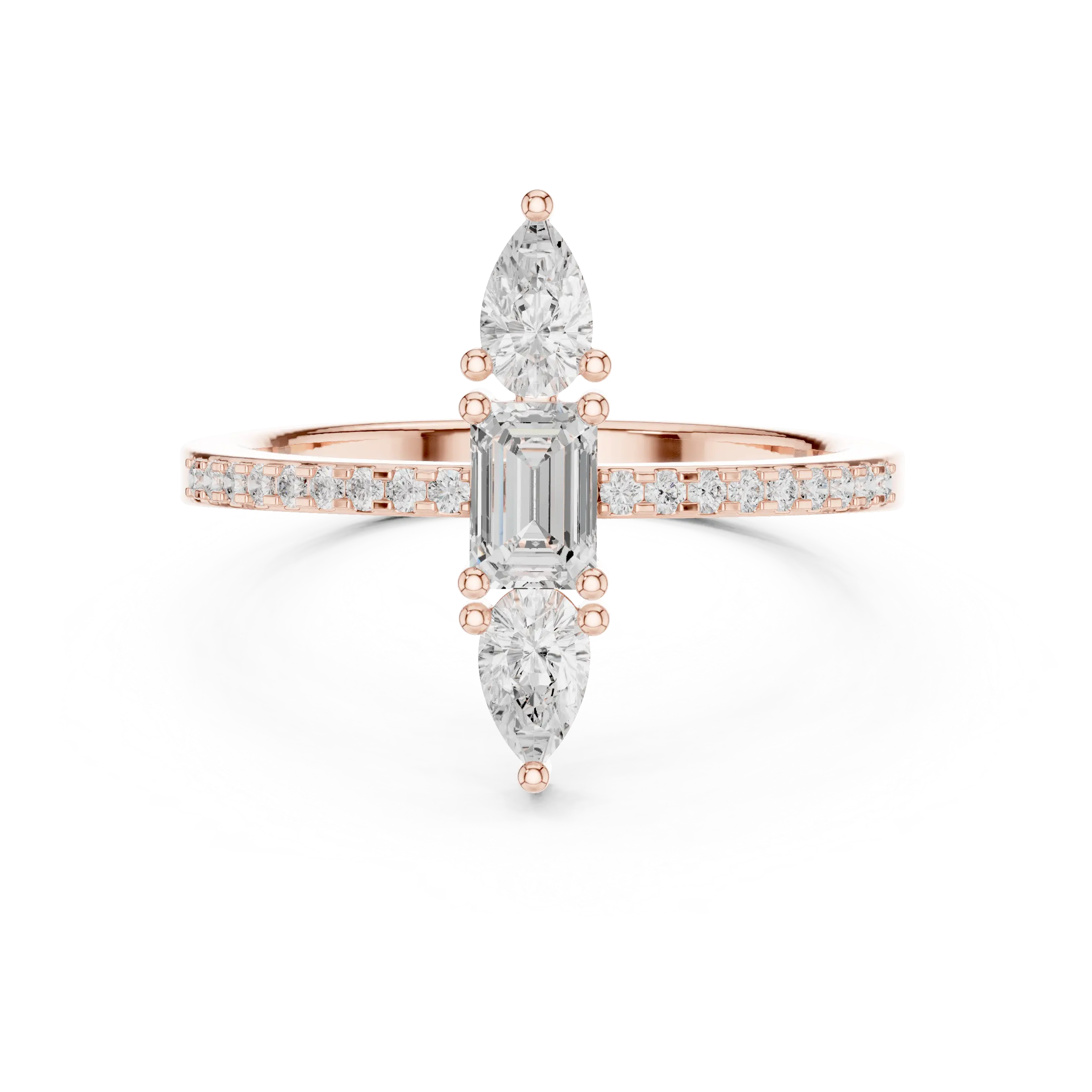 10K White Gold Vertical Emerald & Pear Pavé Three-Stone Engagement Ring