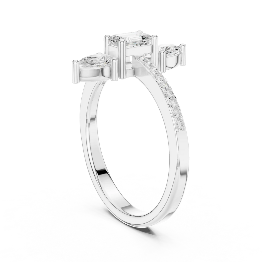 10K White Gold Vertical Emerald & Pear Pavé Three-Stone Engagement Ring