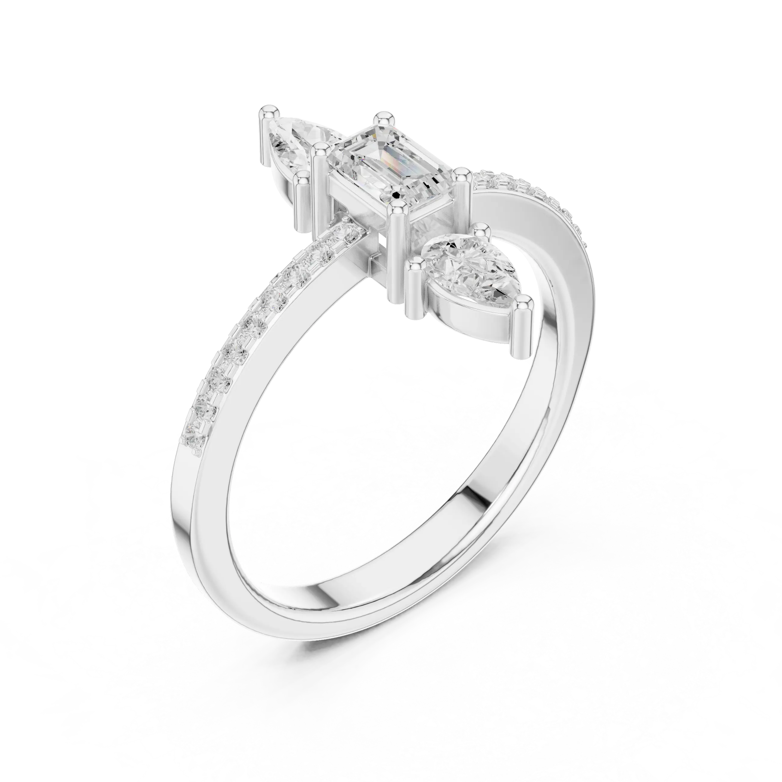 10K White Gold Vertical Emerald & Pear Pavé Three-Stone Engagement Ring