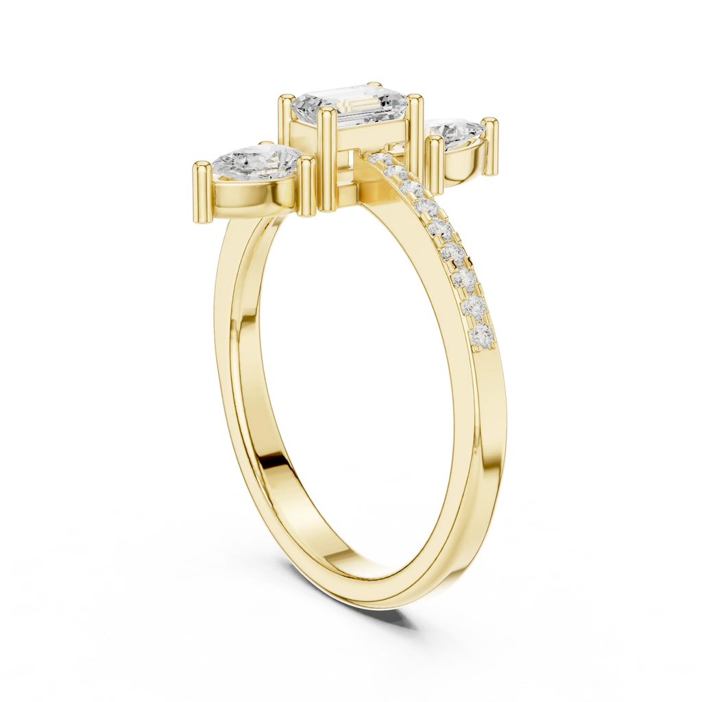 10K White Gold Vertical Emerald & Pear Pavé Three-Stone Engagement Ring