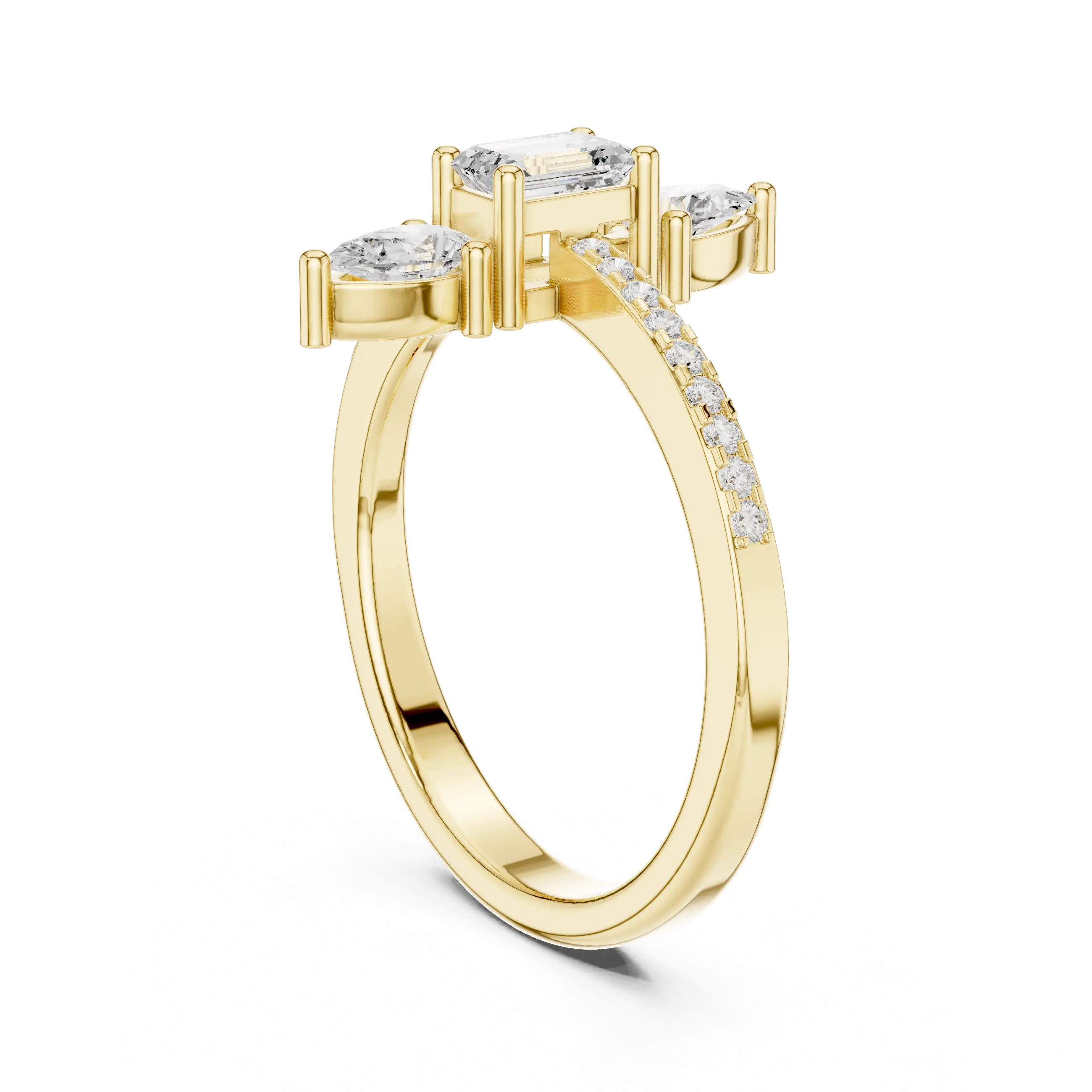 10K White Gold Vertical Emerald & Pear Pavé Three-Stone Engagement Ring