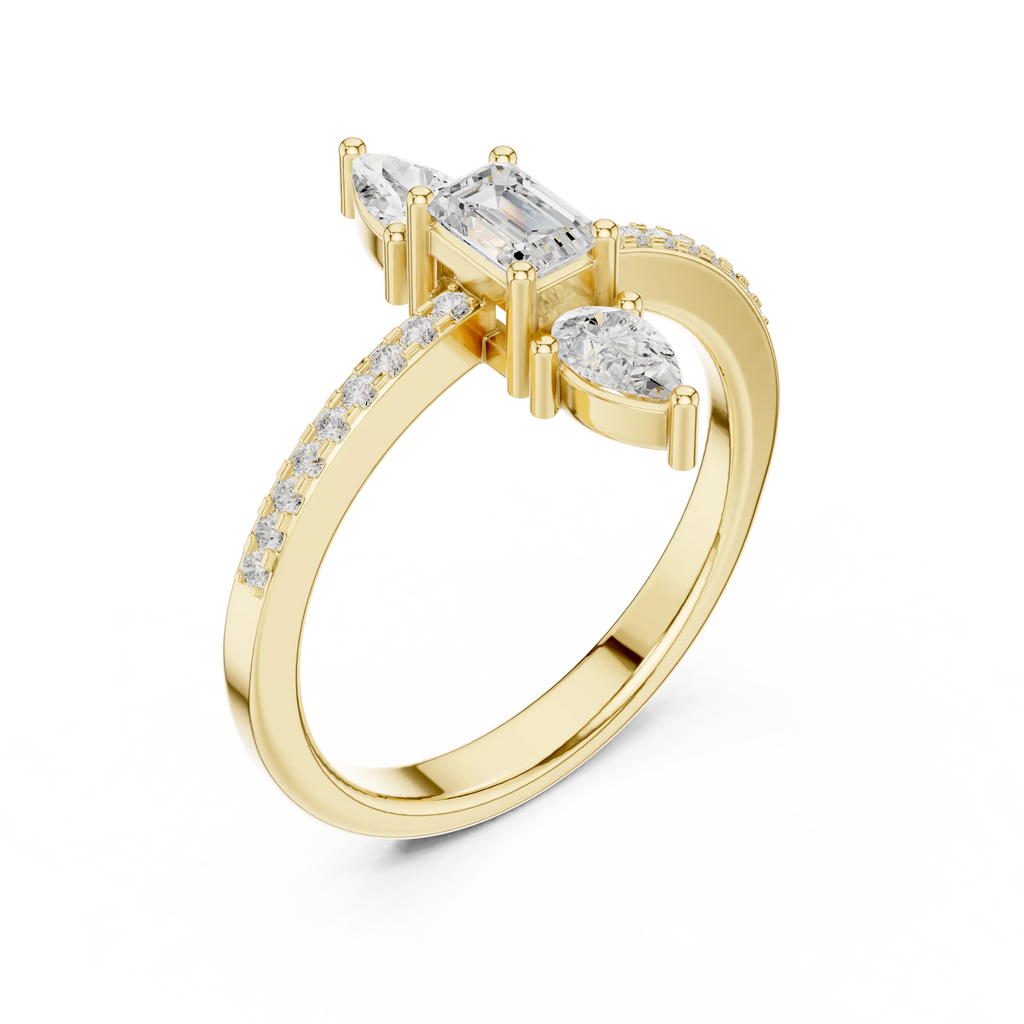10K White Gold Vertical Emerald & Pear Pavé Three-Stone Engagement Ring