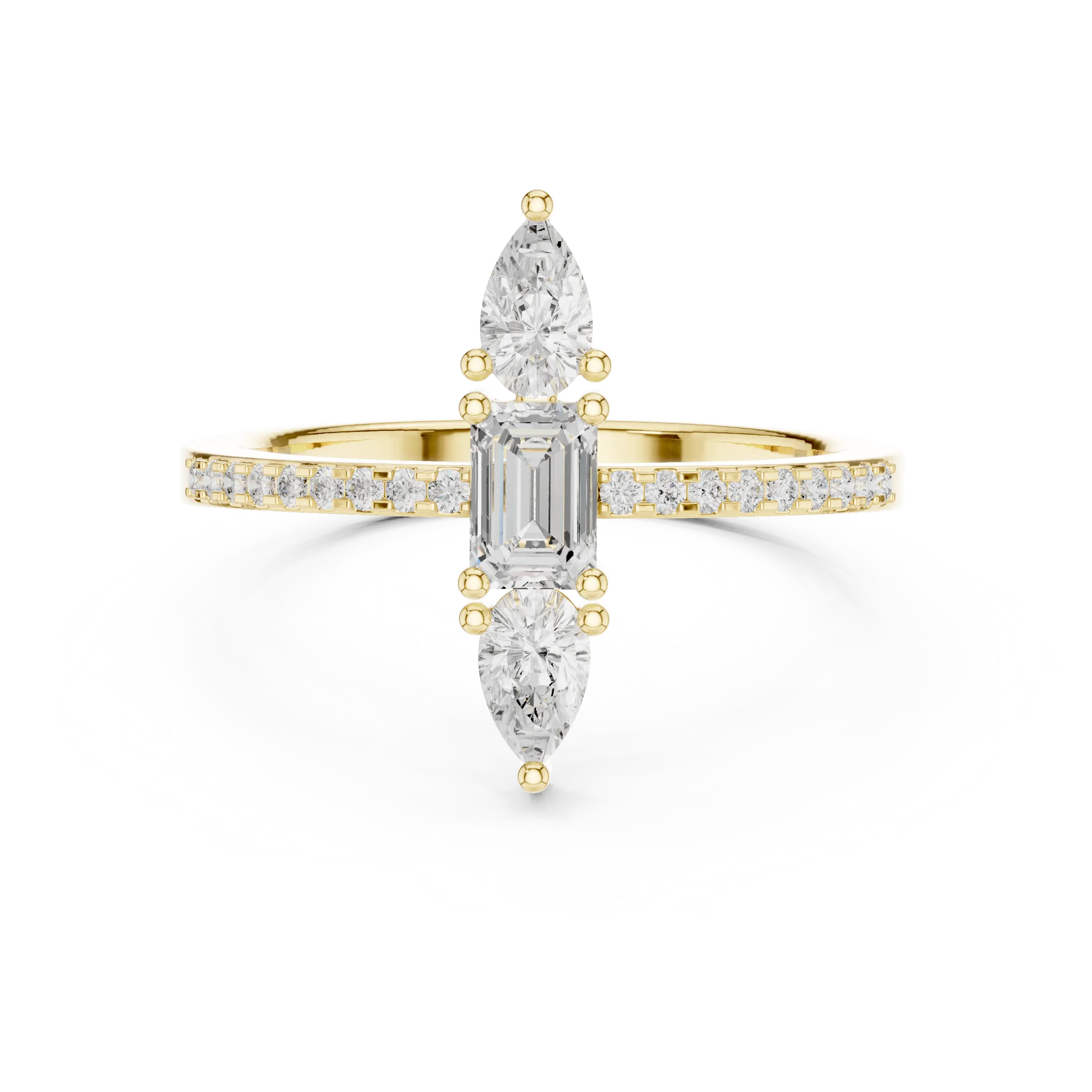 10K White Gold Vertical Emerald & Pear Pavé Three-Stone Engagement Ring