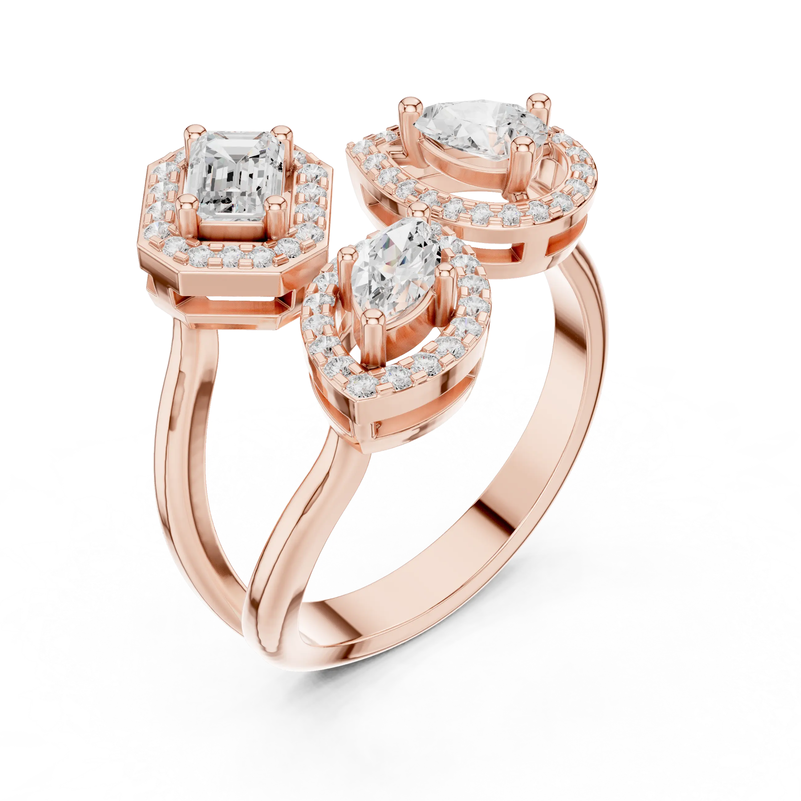 14K Rose Gold Tri-Shape Diamond Halo Engagement Bypass Ring