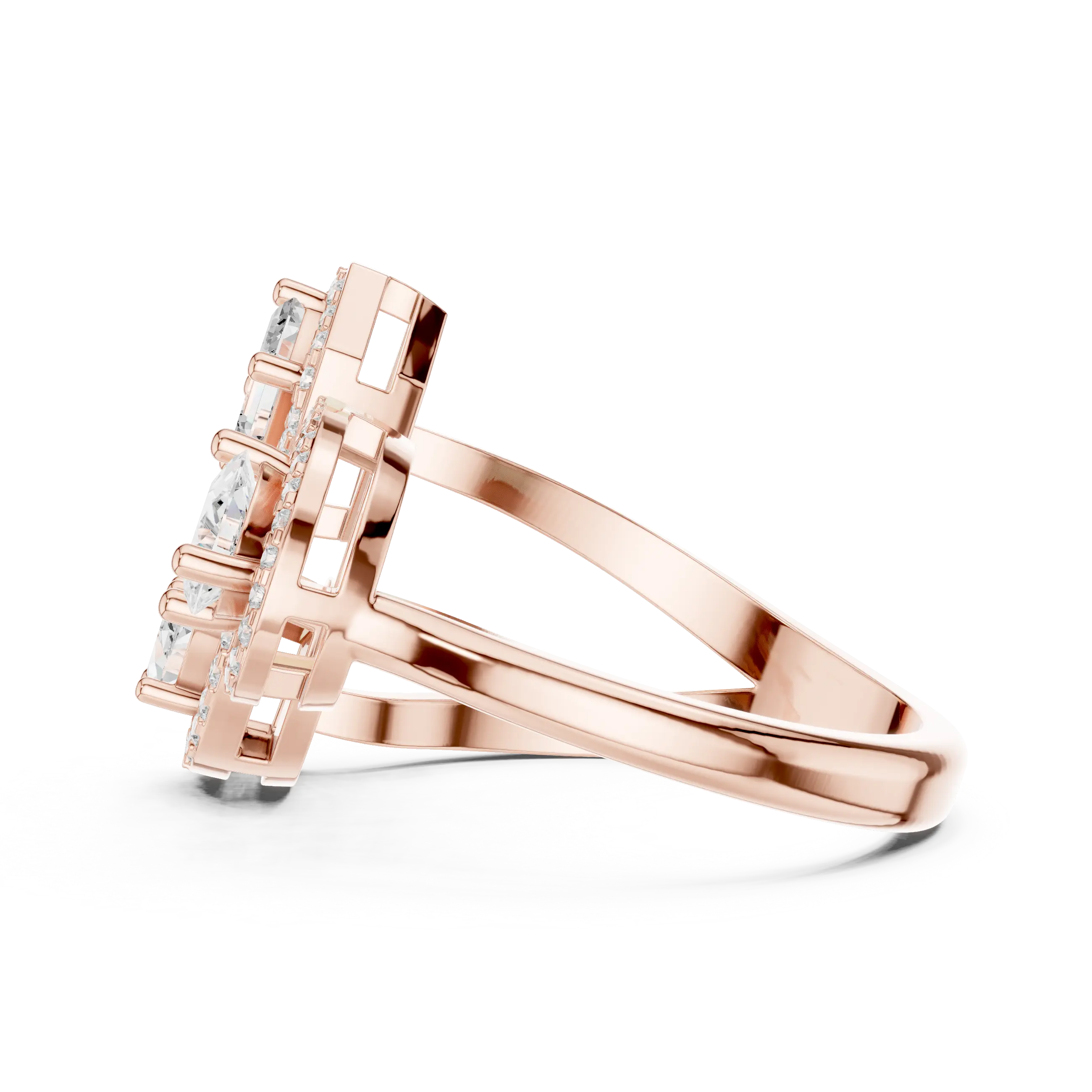 14K Rose Gold Tri-Shape Diamond Halo Engagement Bypass Ring