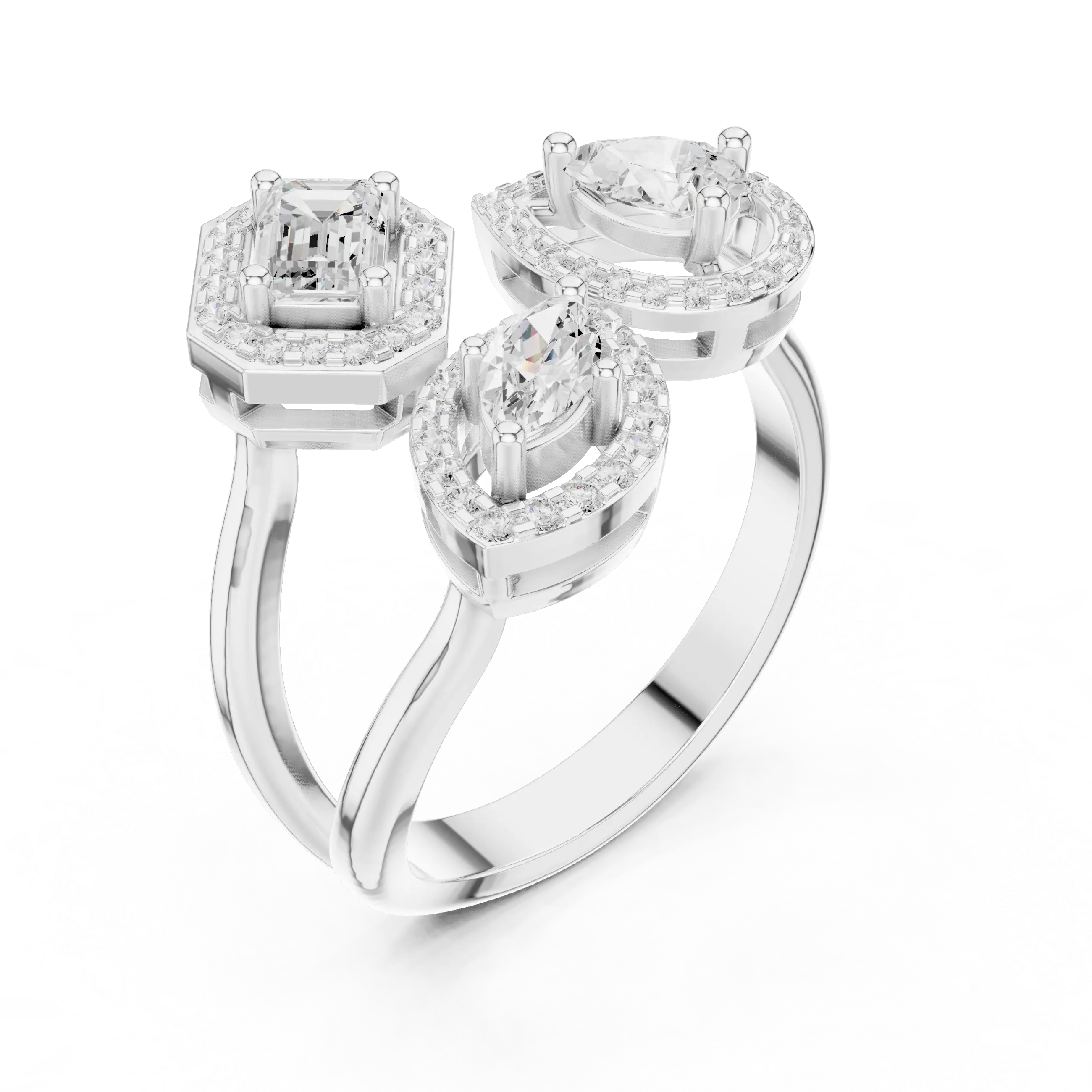 14K Rose Gold Tri-Shape Diamond Halo Engagement Bypass Ring