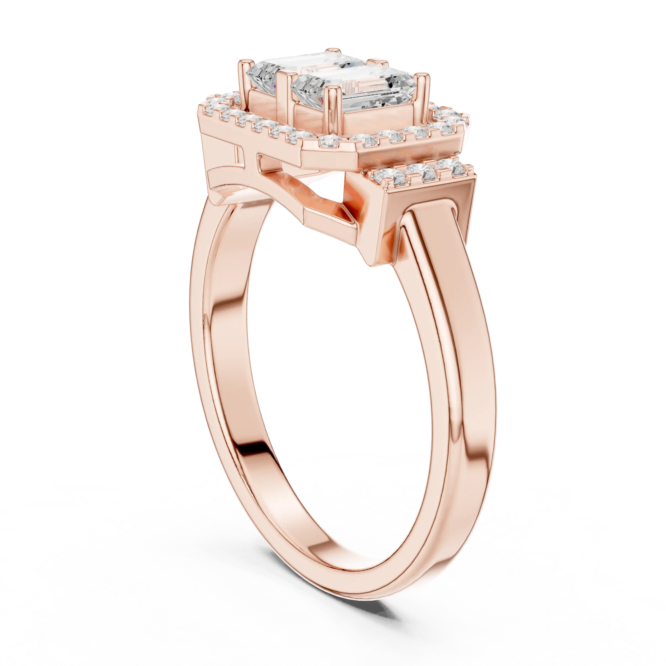 14K White Gold Twin Emerald-Cut Halo Diamond Engagement Ring