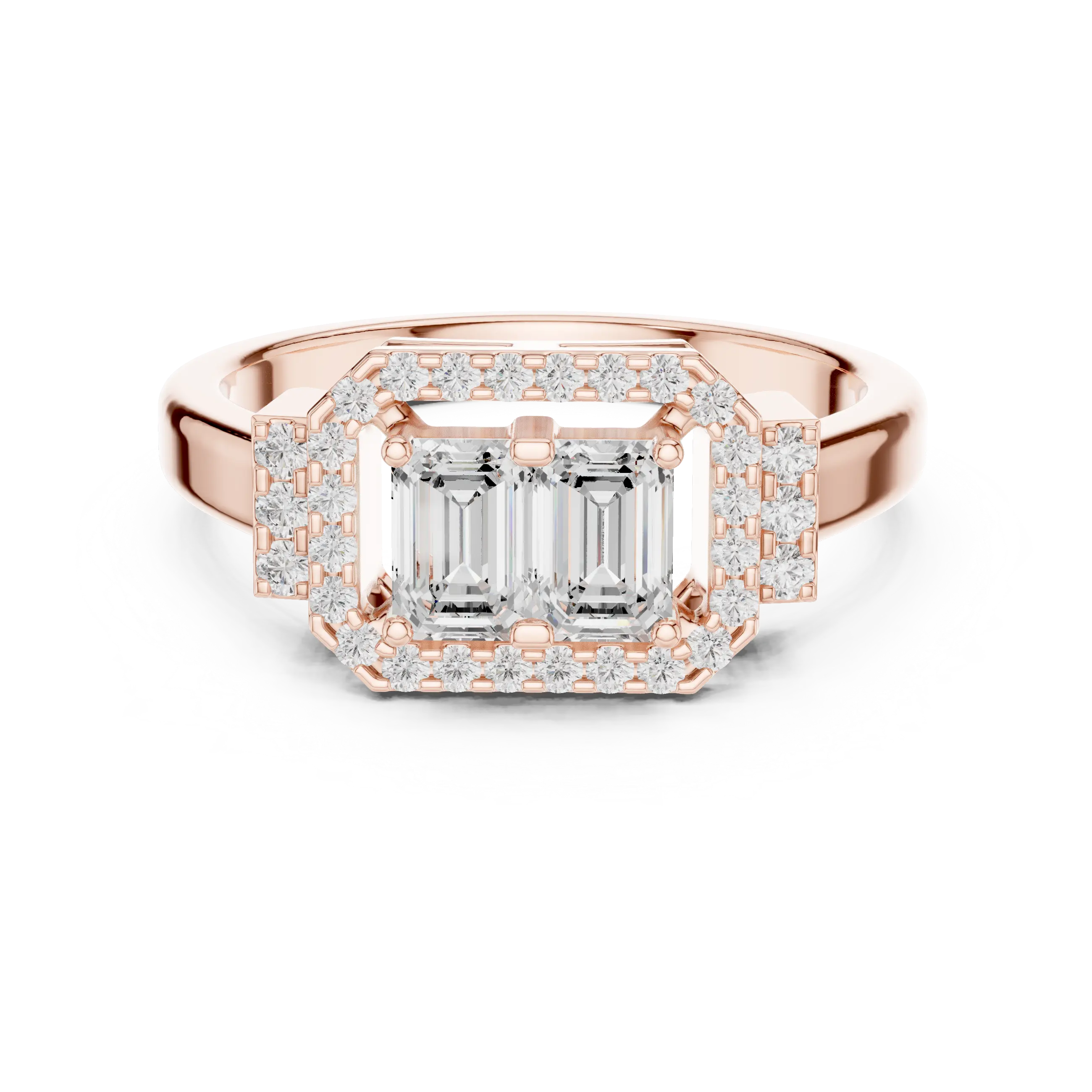 14K White Gold Twin Emerald-Cut Halo Diamond Engagement Ring