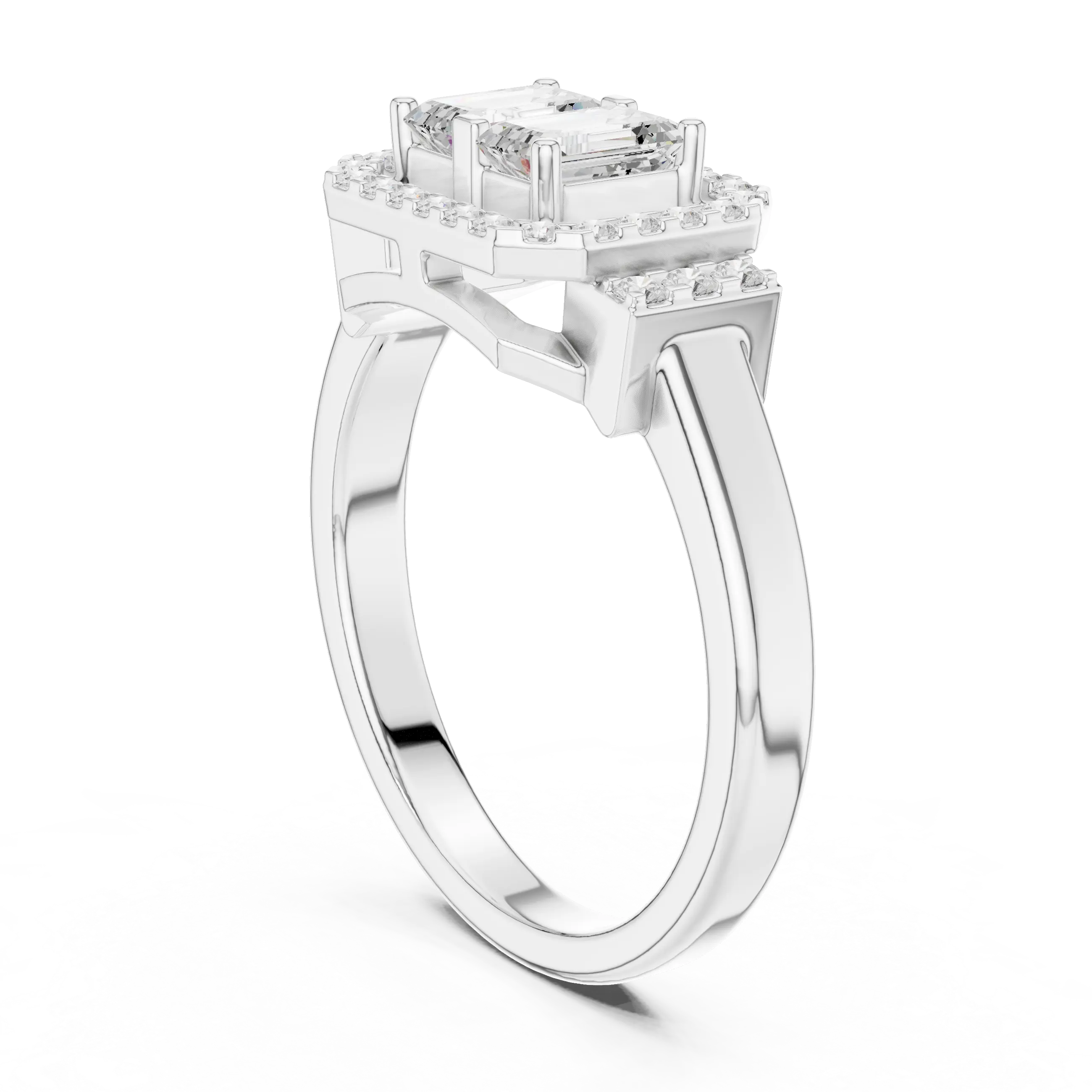 14K White Gold Twin Emerald-Cut Halo Diamond Engagement Ring
