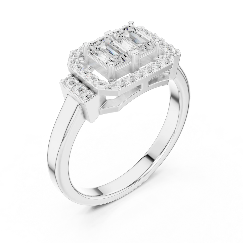 14K White Gold Twin Emerald-Cut Halo Diamond Engagement Ring