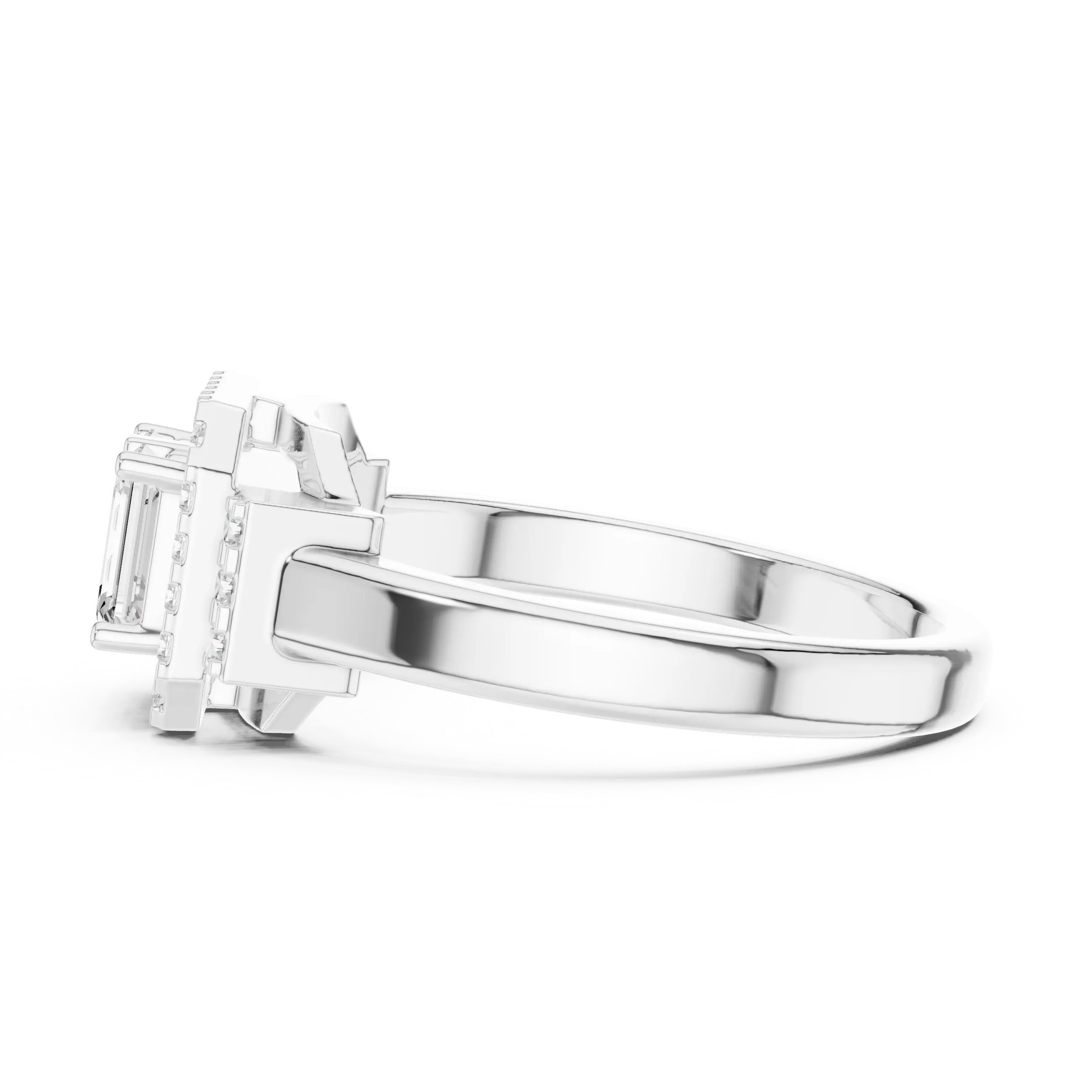 14K White Gold Twin Emerald-Cut Halo Diamond Engagement Ring