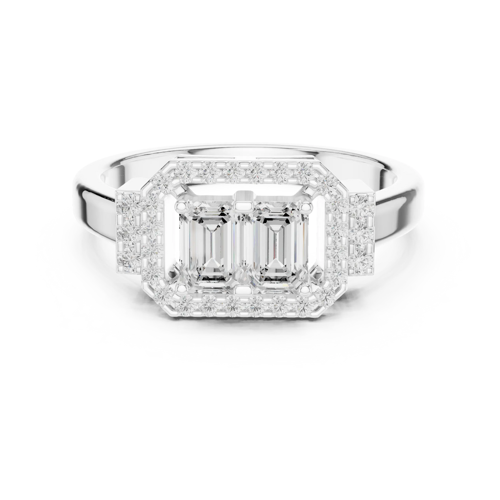 14K White Gold Twin Emerald-Cut Halo Diamond Engagement Ring