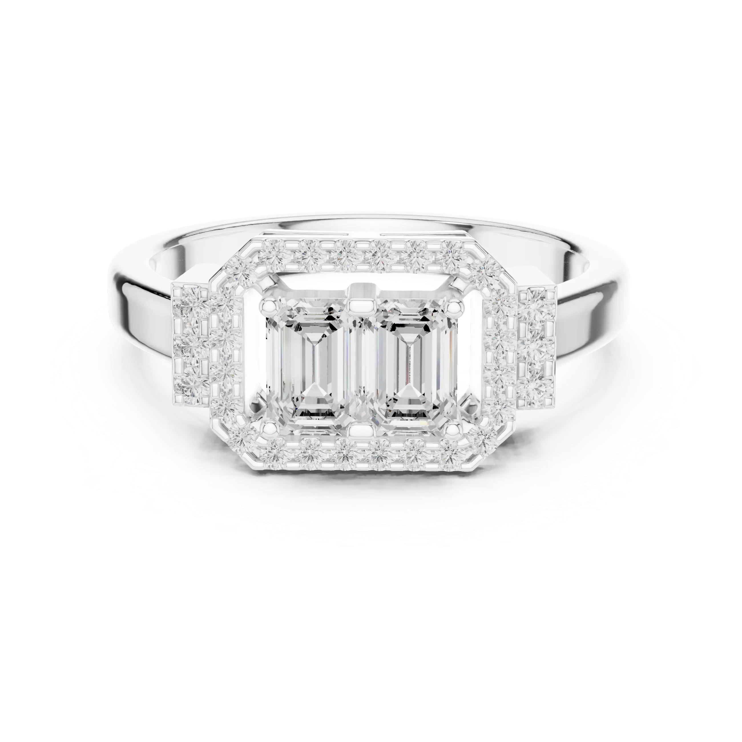 14K White Gold Twin Emerald-Cut Halo Diamond Engagement Ring