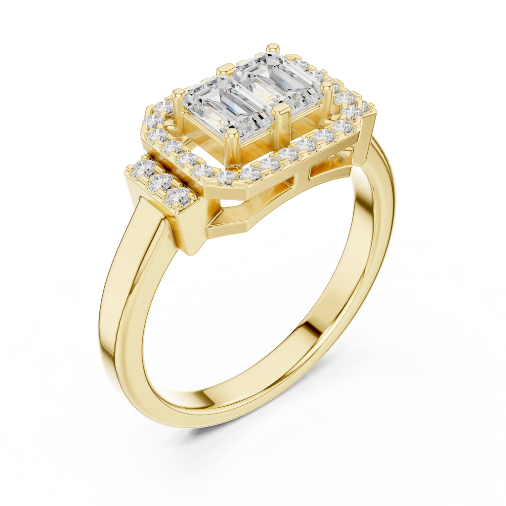 14K White Gold Twin Emerald-Cut Halo Diamond Engagement Ring