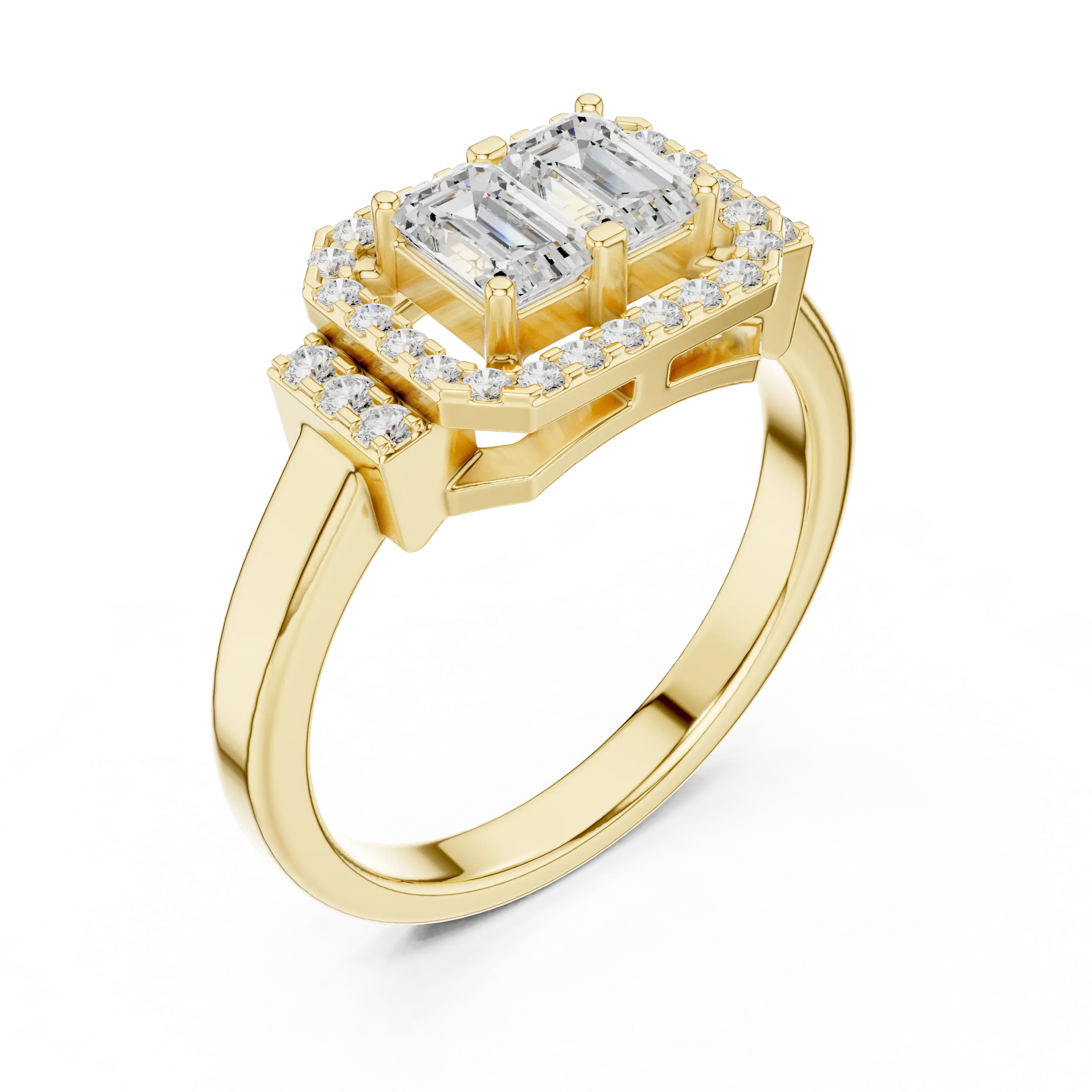 14K White Gold Twin Emerald-Cut Halo Diamond Engagement Ring