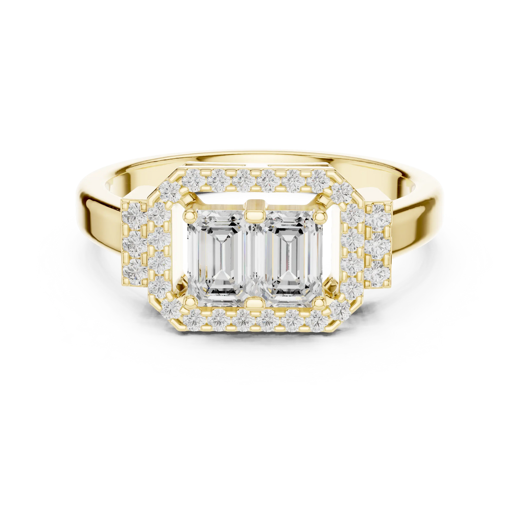 14K White Gold Twin Emerald-Cut Halo Diamond Engagement Ring