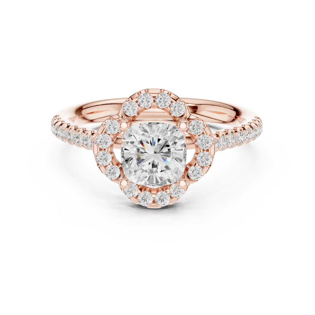 10K Rose Gold Cushion-Cut Floral Halo Diamond Engagement Ring
