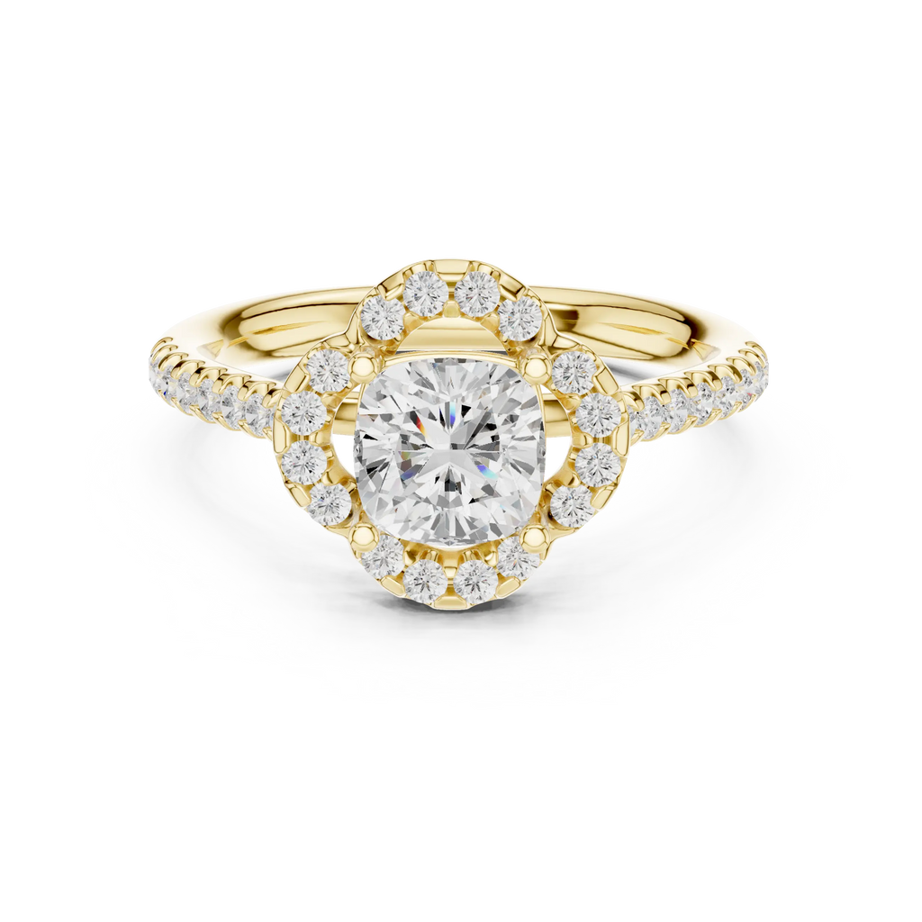 10K Rose Gold Cushion-Cut Floral Halo Diamond Engagement Ring