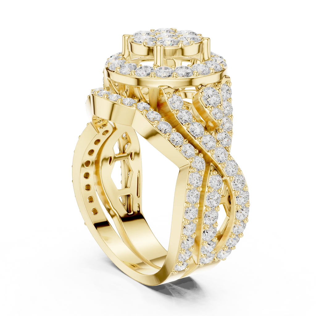 18K Yellow Gold Round Brilliant Diamond Cluster Halo Engagement Ring