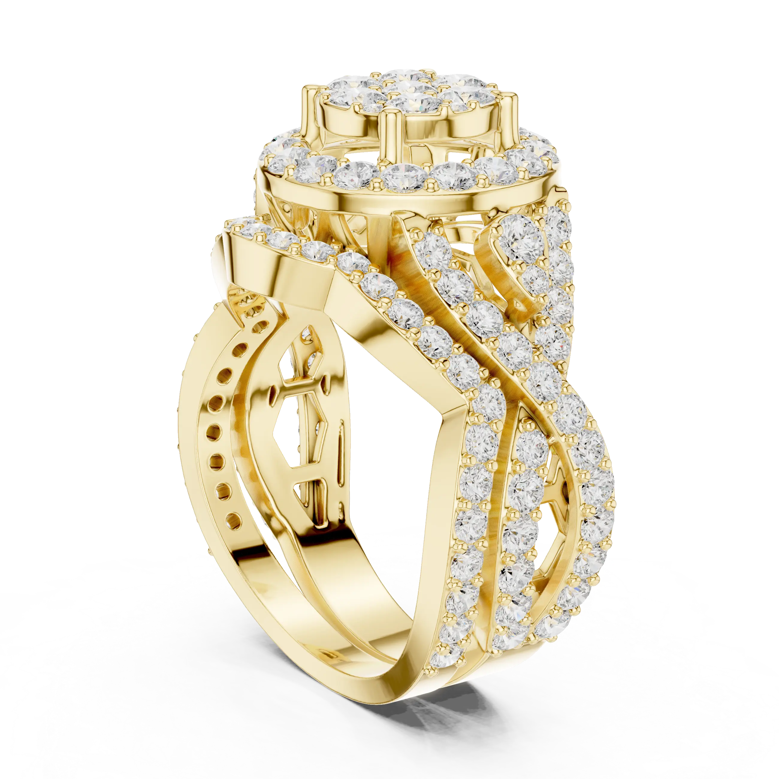 18K Yellow Gold Round Brilliant Diamond Cluster Halo Engagement Ring