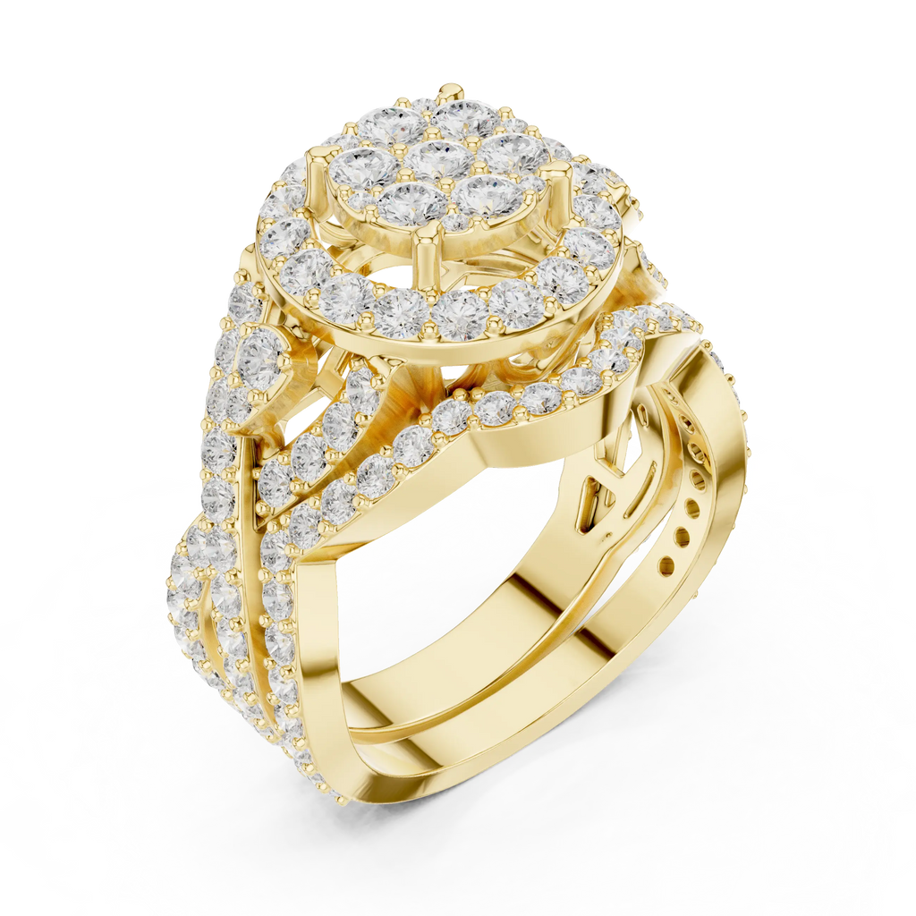 18K Yellow Gold Round Brilliant Diamond Cluster Halo Engagement Ring