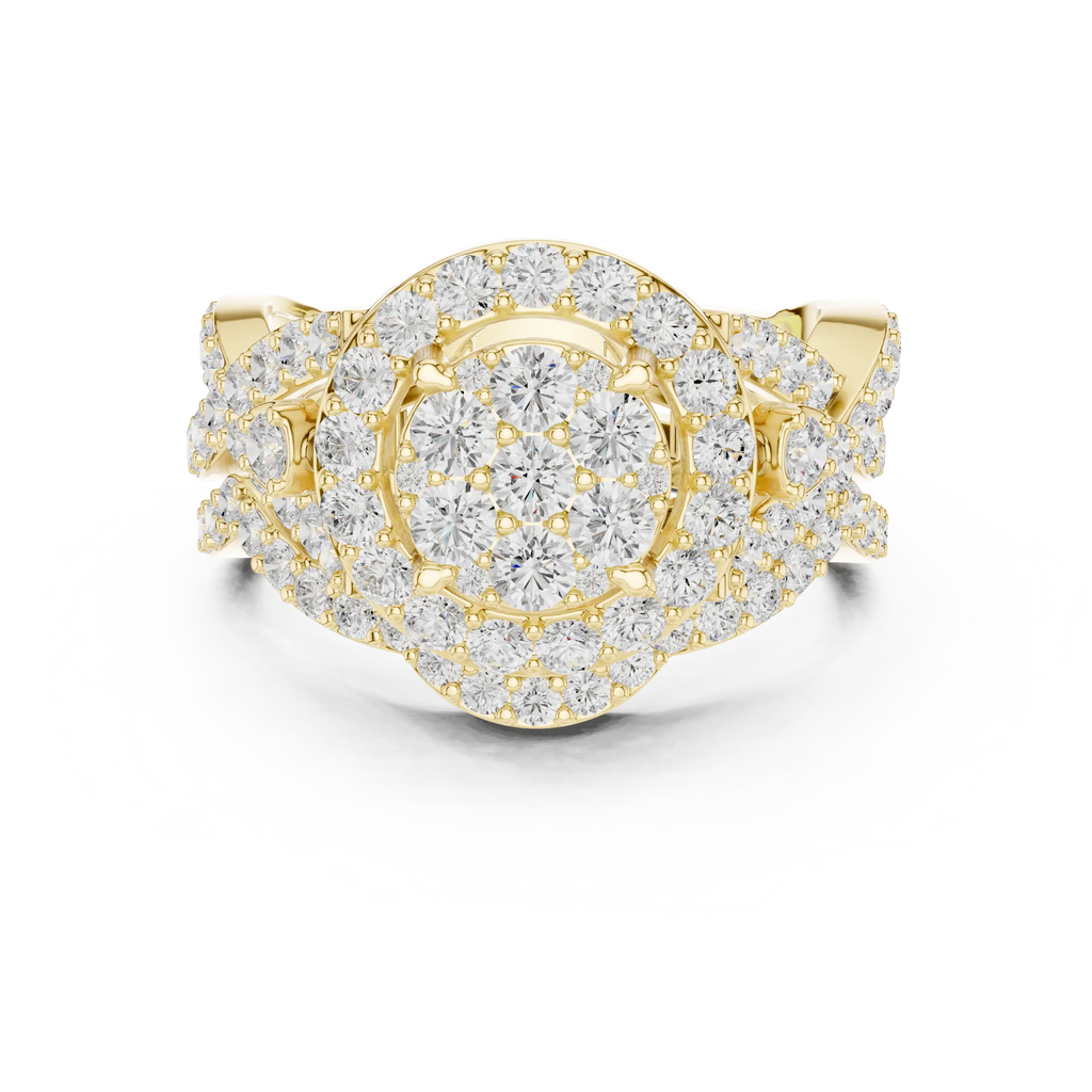 18K Yellow Gold Round Brilliant Diamond Cluster Halo Engagement Ring