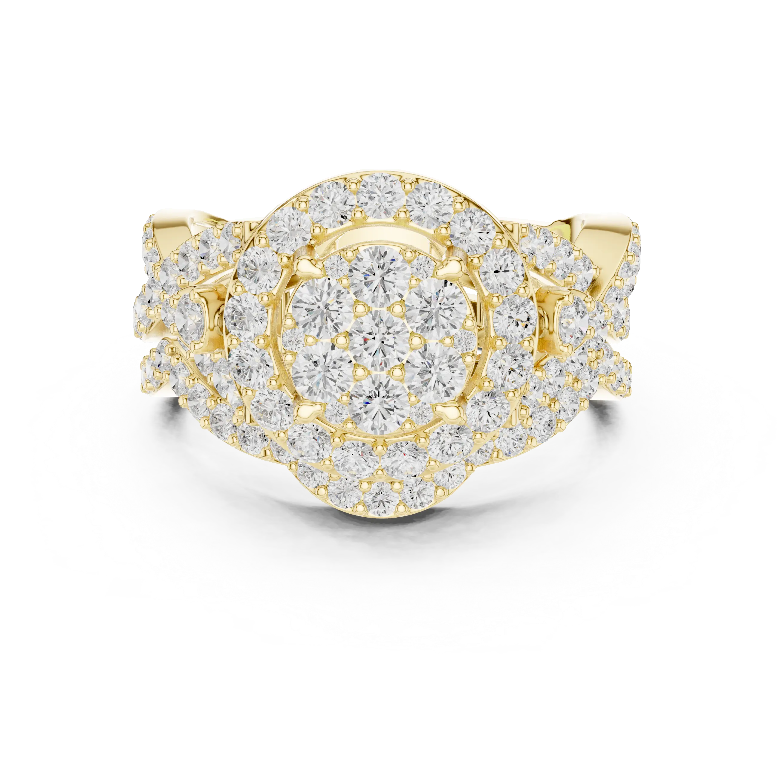 18K Yellow Gold Round Brilliant Diamond Cluster Halo Engagement Ring