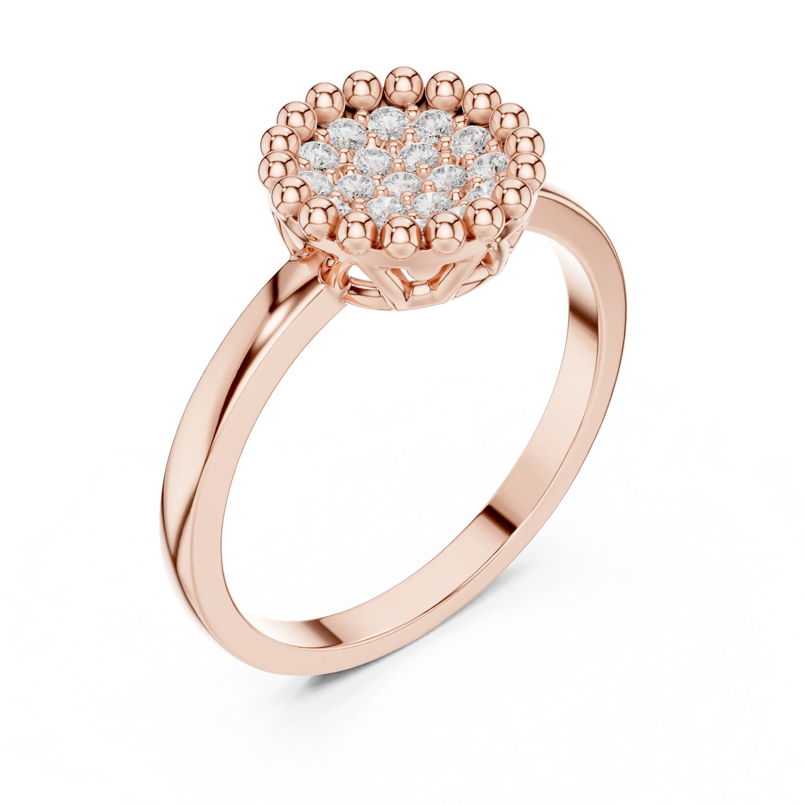 14K White Gold Beaded Halo Round Diamond Cluster Ring