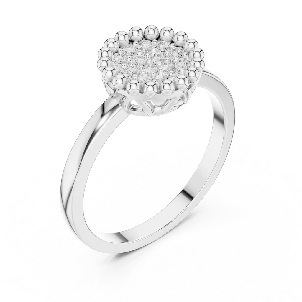 14K White Gold Beaded Halo Round Diamond Cluster Ring