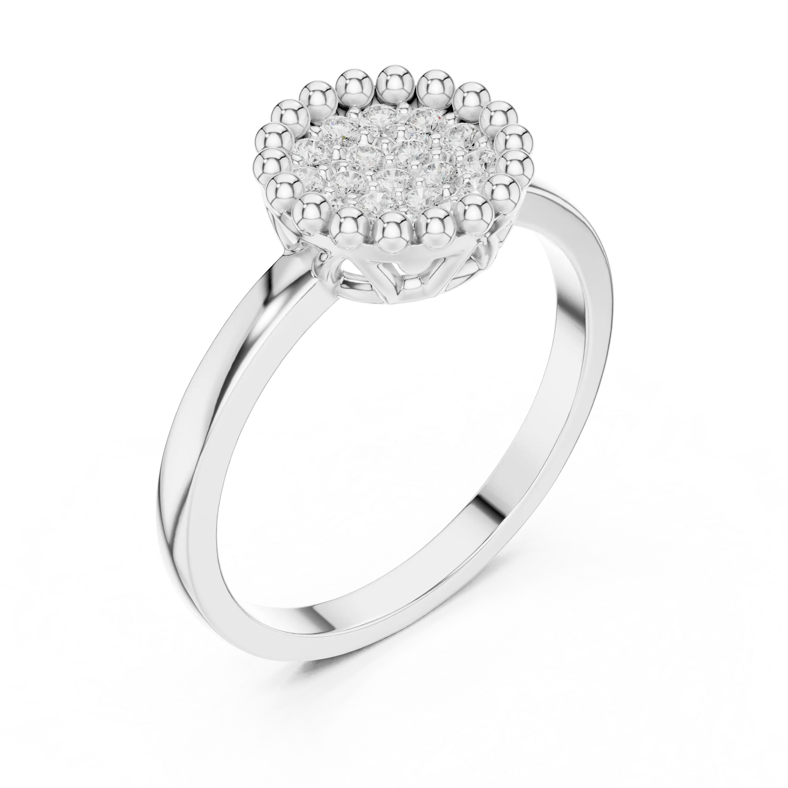 14K White Gold Beaded Halo Round Diamond Cluster Ring