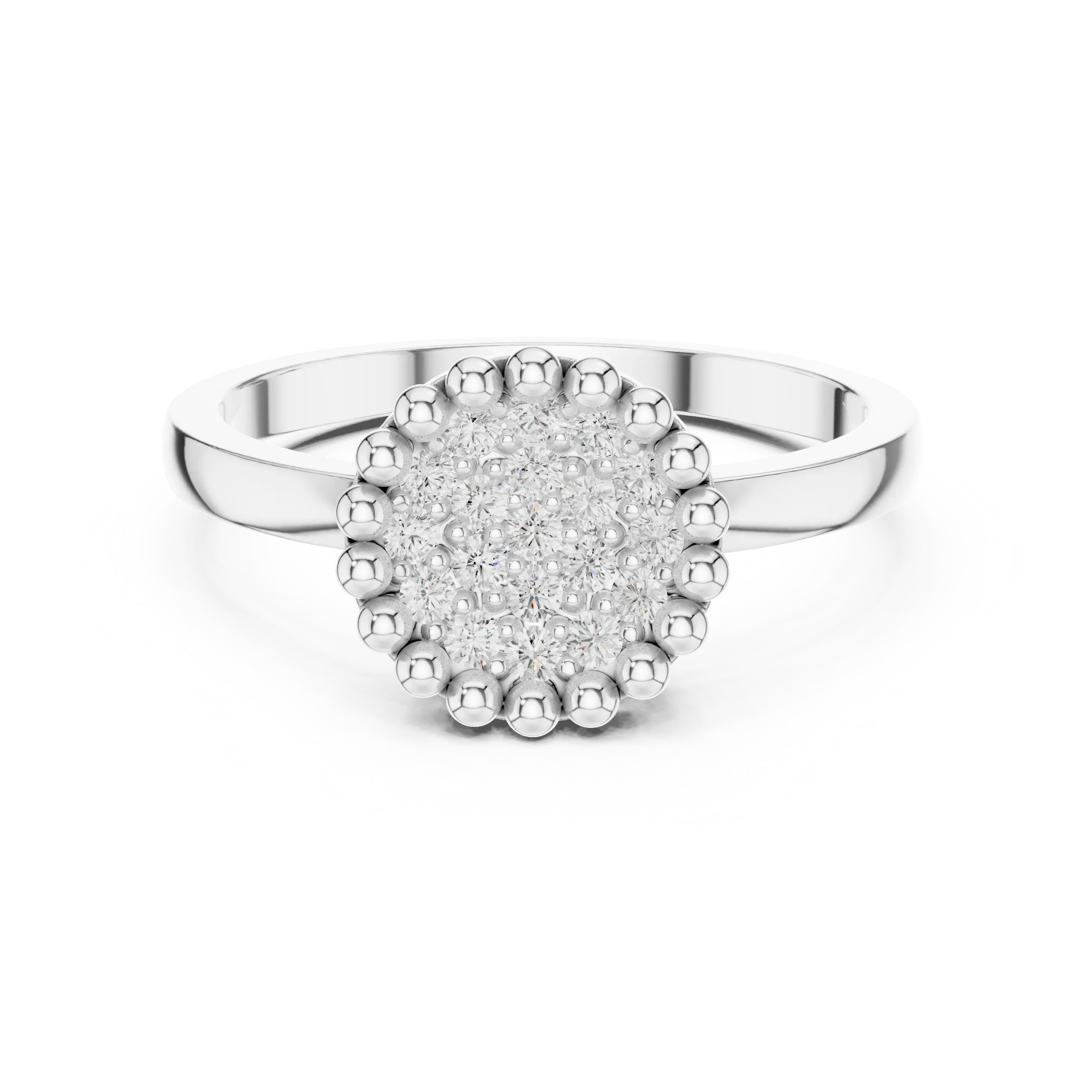 14K White Gold Beaded Halo Round Diamond Cluster Ring