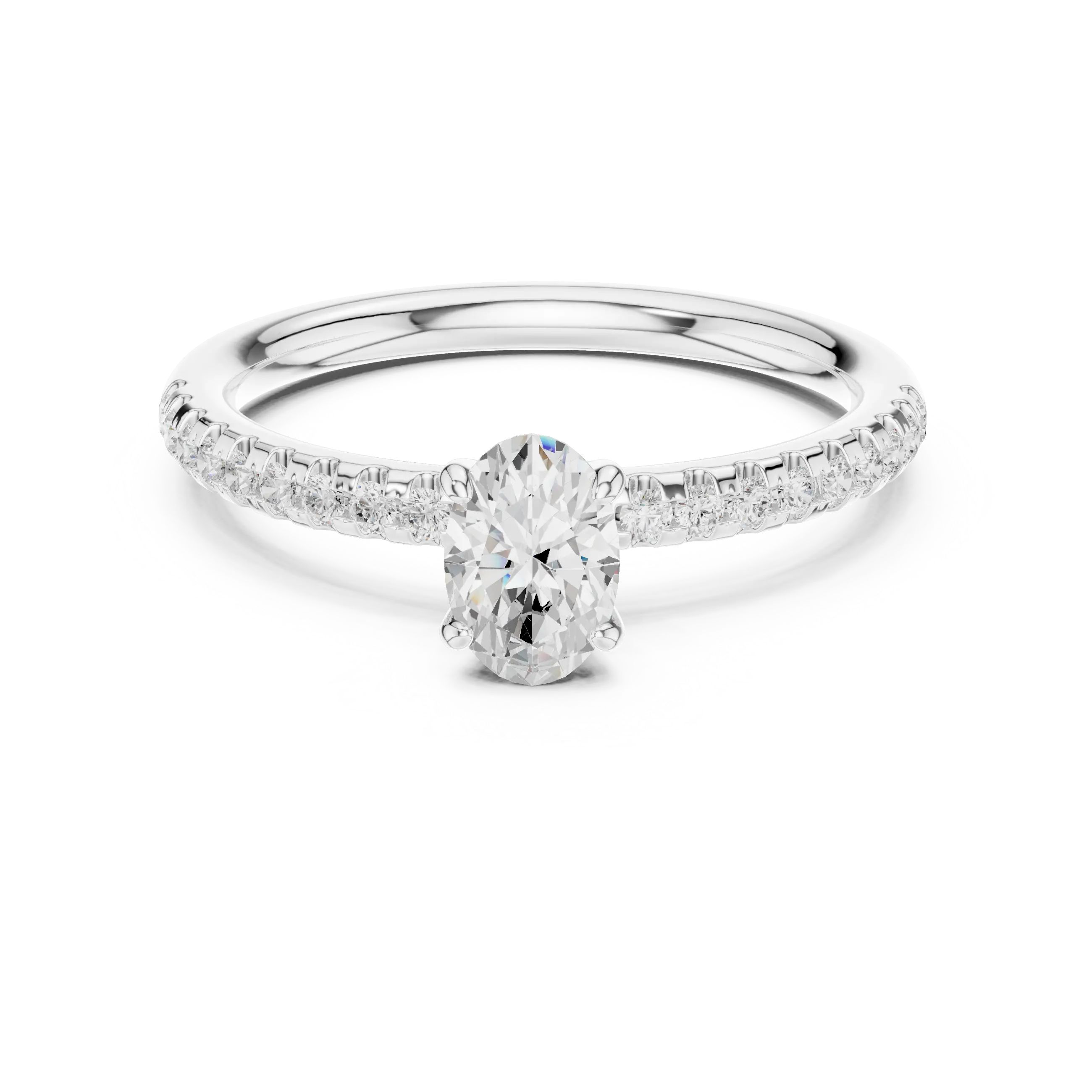 Oval Cut Diamond Engagement Ring in 18k White Gold Pavé Band