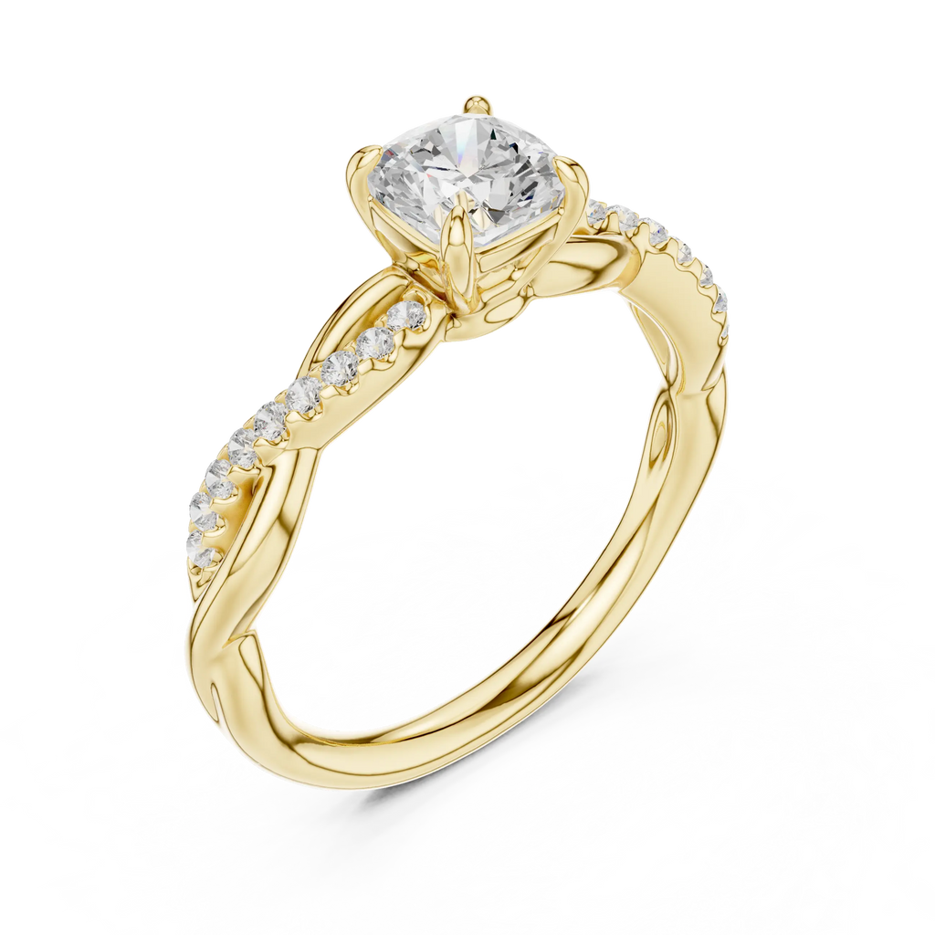 Cushion Cut Moissanite Diamond Twisted Infinity Engagement Ring in 10k Yellow Gold