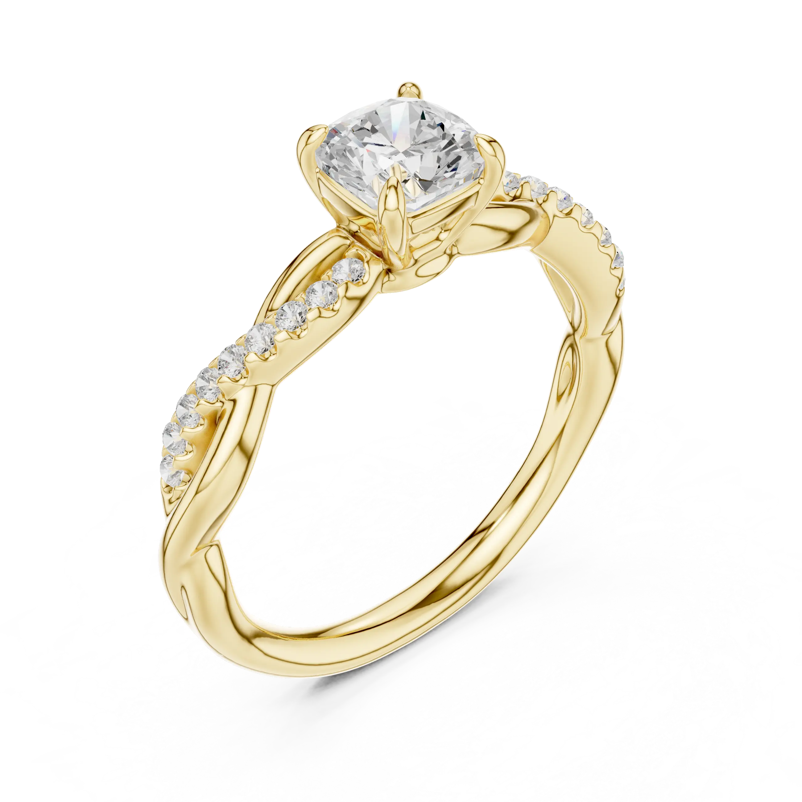 Cushion Cut Moissanite Diamond Twisted Infinity Engagement Ring in 10k Yellow Gold