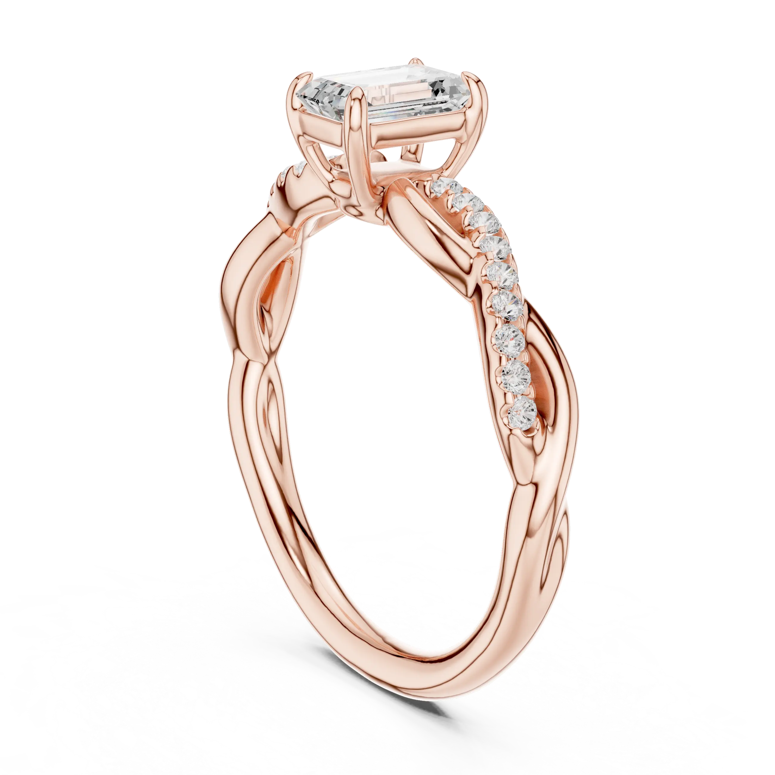 The Everly Emerald Cut Diamond Twisted Vine Engagement Ring in 18k Rose Gold