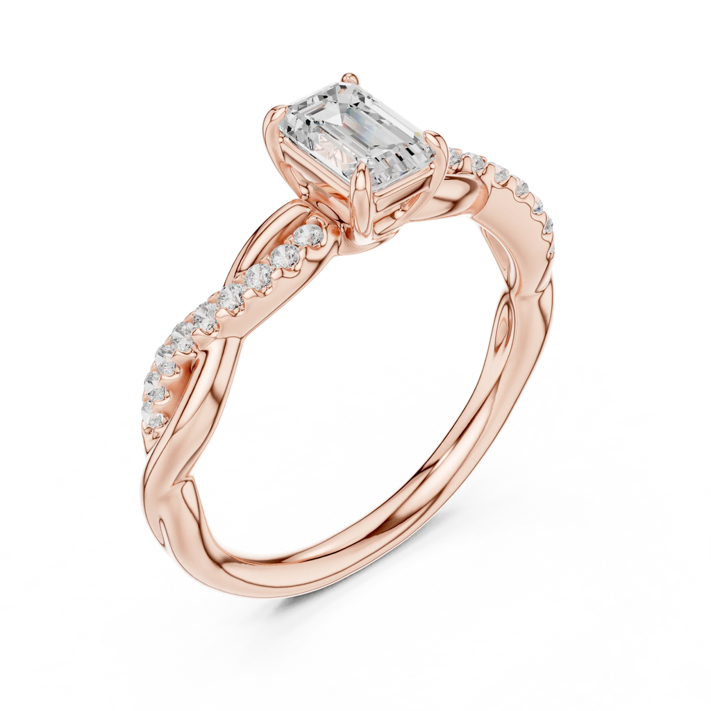 The Everly Emerald Cut Diamond Twisted Vine Engagement Ring in 18k Rose Gold