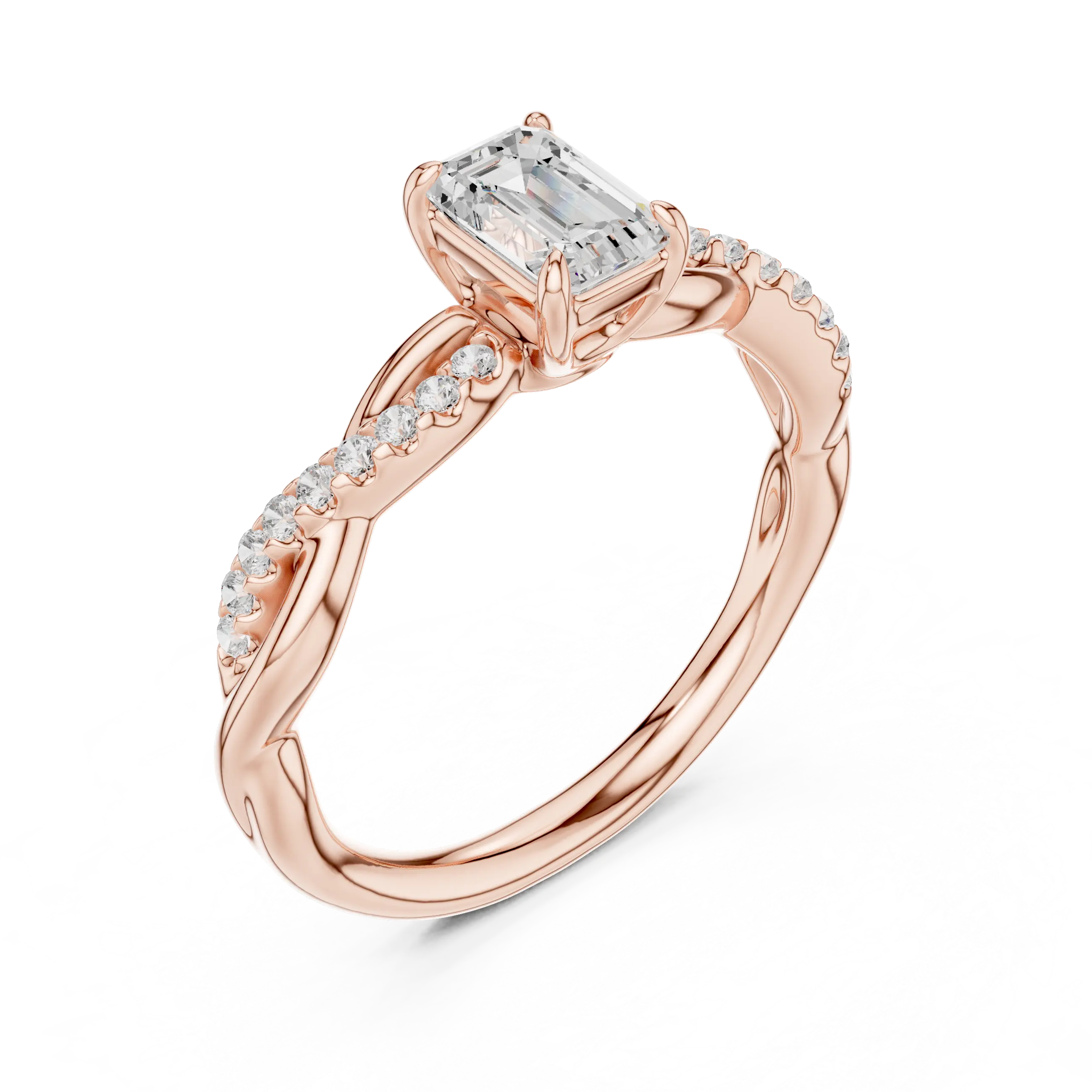 The Everly Emerald Cut Diamond Twisted Vine Engagement Ring in 18k Rose Gold