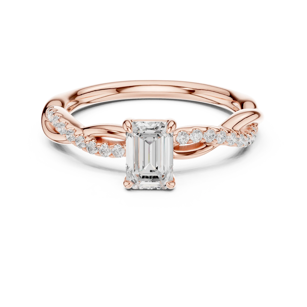 The Everly Emerald Cut Diamond Twisted Vine Engagement Ring in 18k Rose Gold