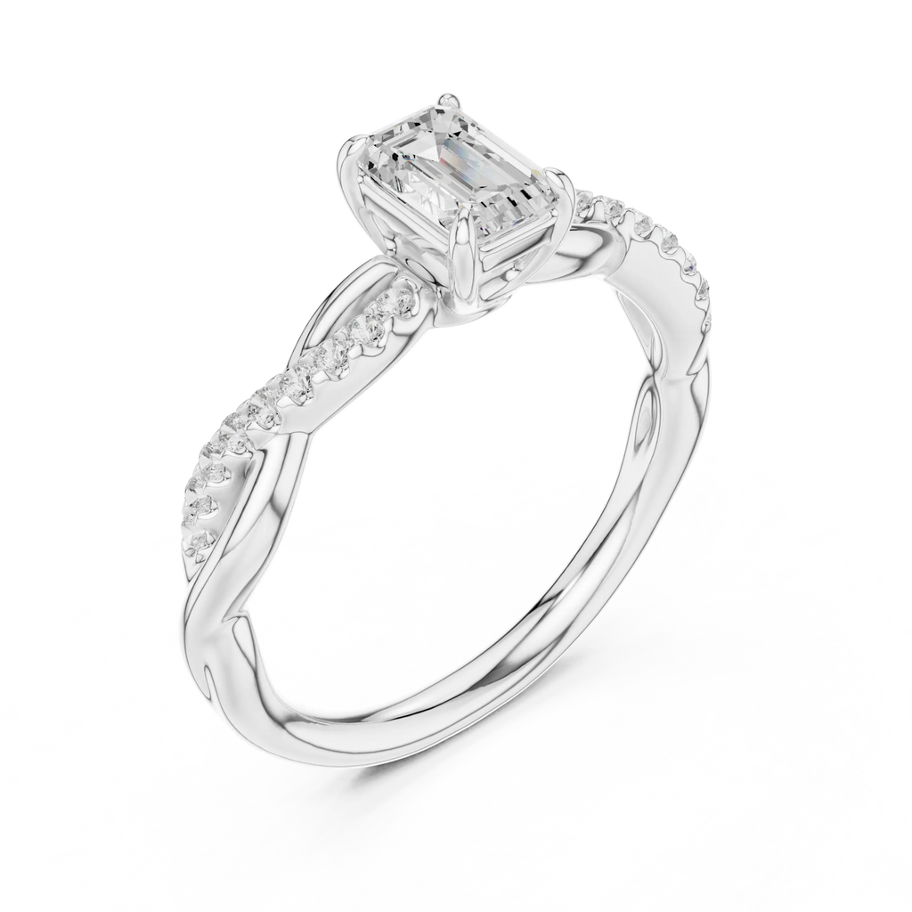 The Everly Emerald Cut Diamond Twisted Vine Engagement Ring in 18k Rose Gold